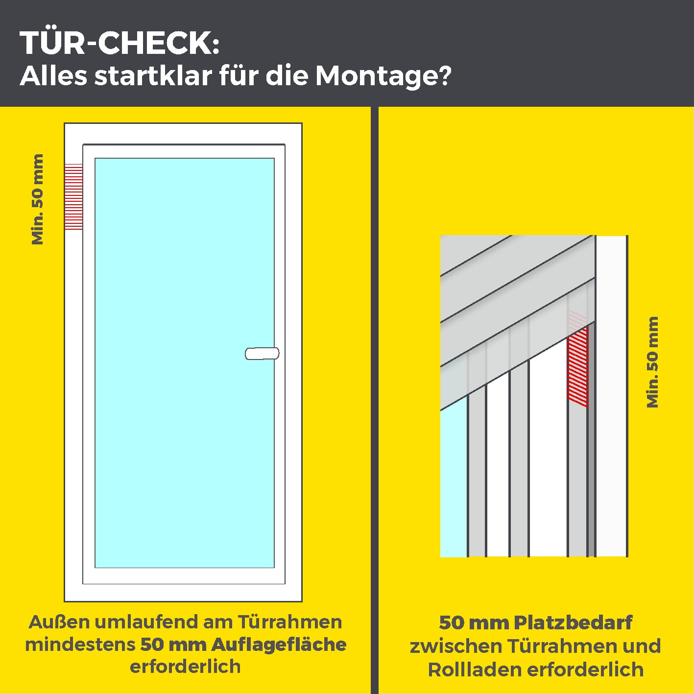 Montageanleitung für Teleskop-Insektenschutzgitter Schwingtür - Weiß mit mindestens 50 mm Platz an Türrahmen und Rollladen.