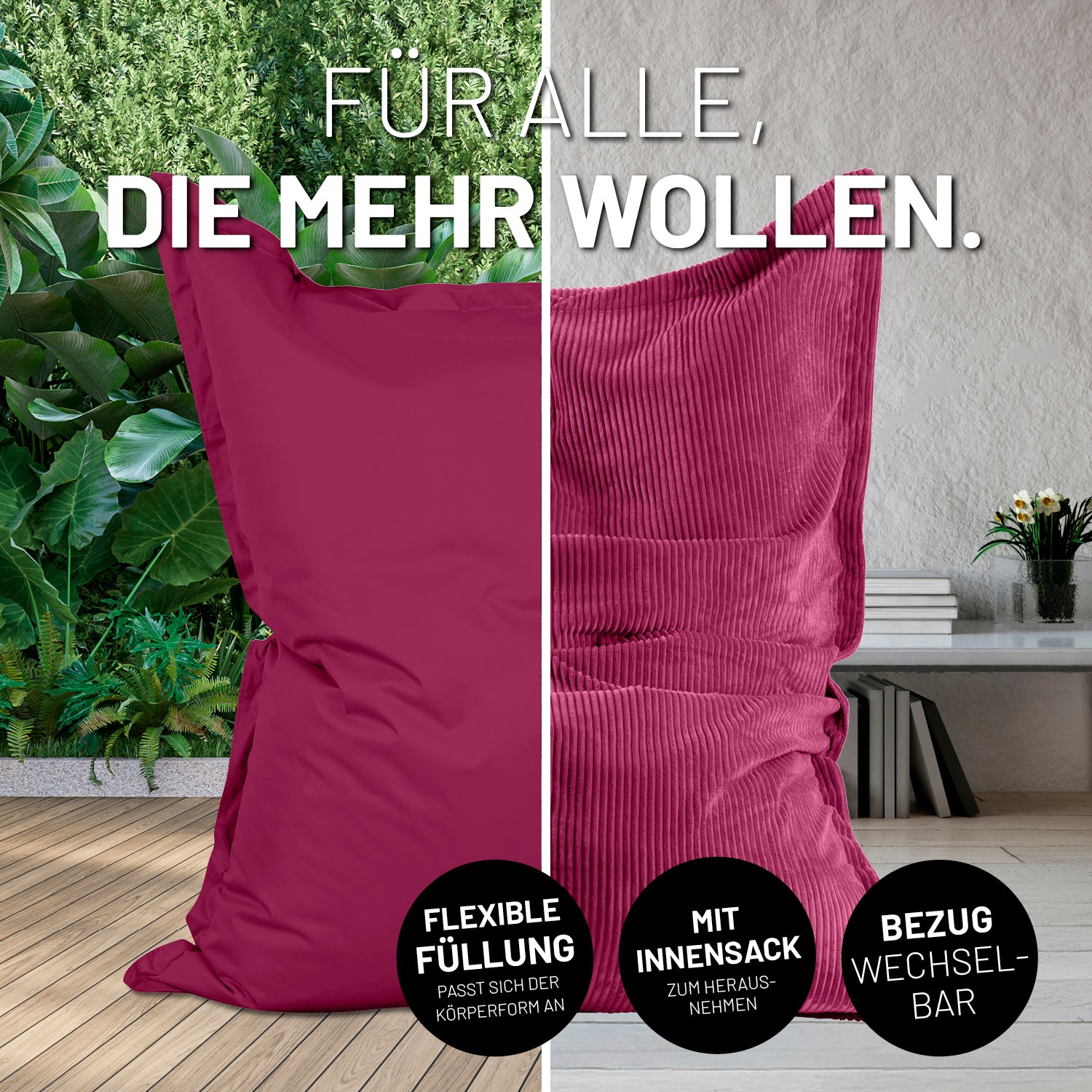 Sitzsack Classic XXL All-in-One Set - 380 L - 140 x 180 cm - Weinrot mit flexiblem Bezug und Innensack für indoor und outdoor Nutzung.