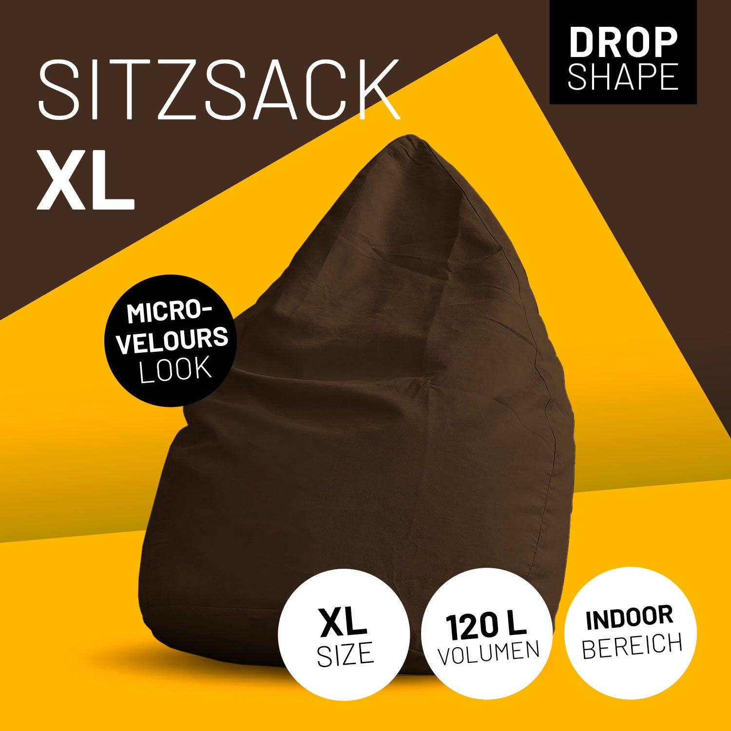 Luxury XL Sitzsack (120 L) - indoor - Braun aus Micro-Velours im modernen Drop Shape für komfortables Entspannen zuhause.