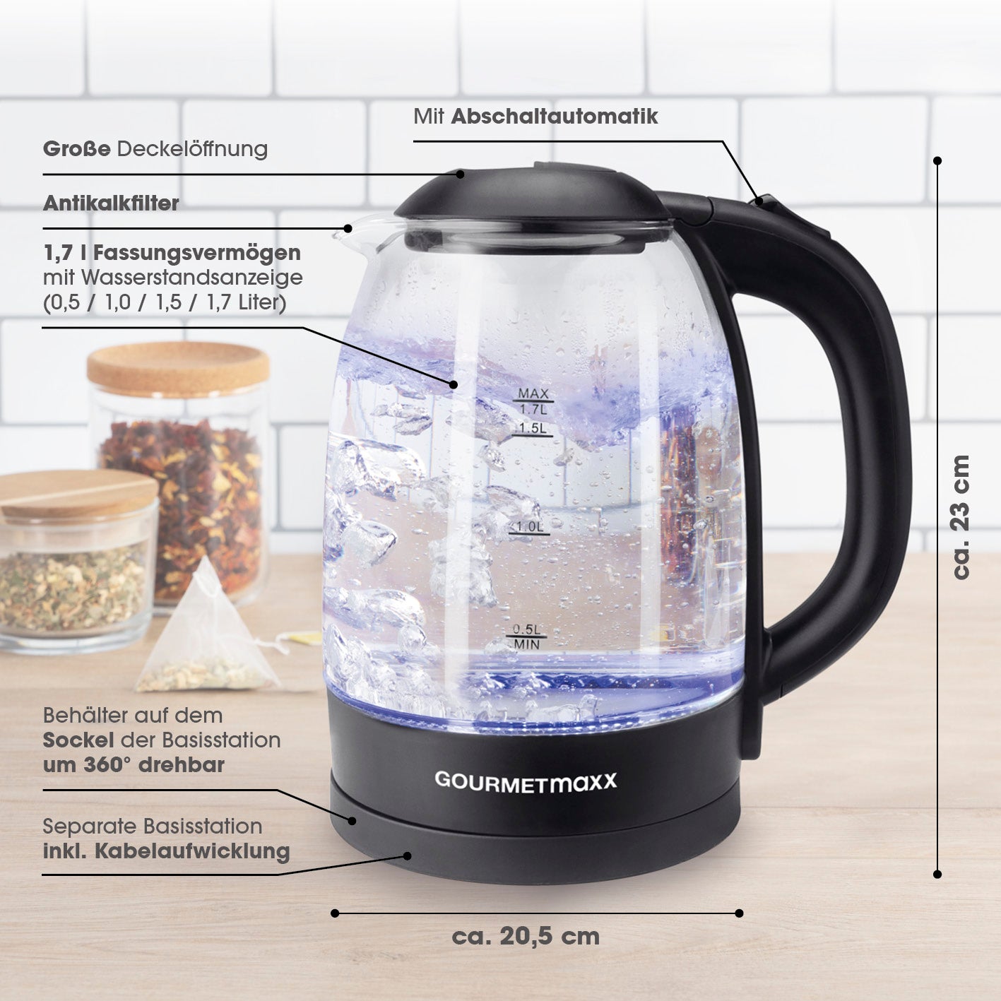 Glas-Wasserkocher 1,7 l - Schwarz mit Abschaltautomatik, Wasserstandsanzeige, 360° drehbar, Kalkfilter und Kabelaufwicklung.