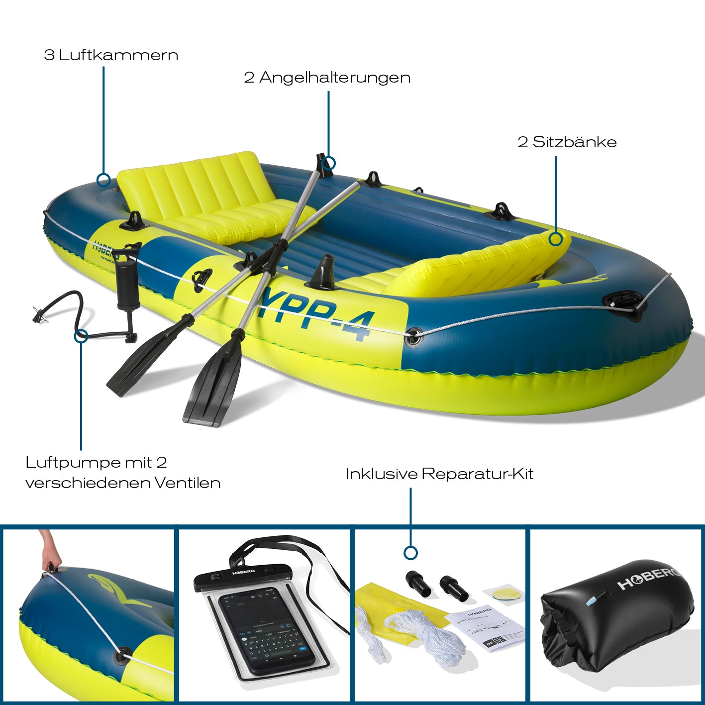 4-Sitzer Schlauchboot "YPP-4" mit 2 Sitzbänken, 3 Luftkammern, 2 Angelhalterungen, Reparatur-Kit und Tragetasche für 4 Personen.
