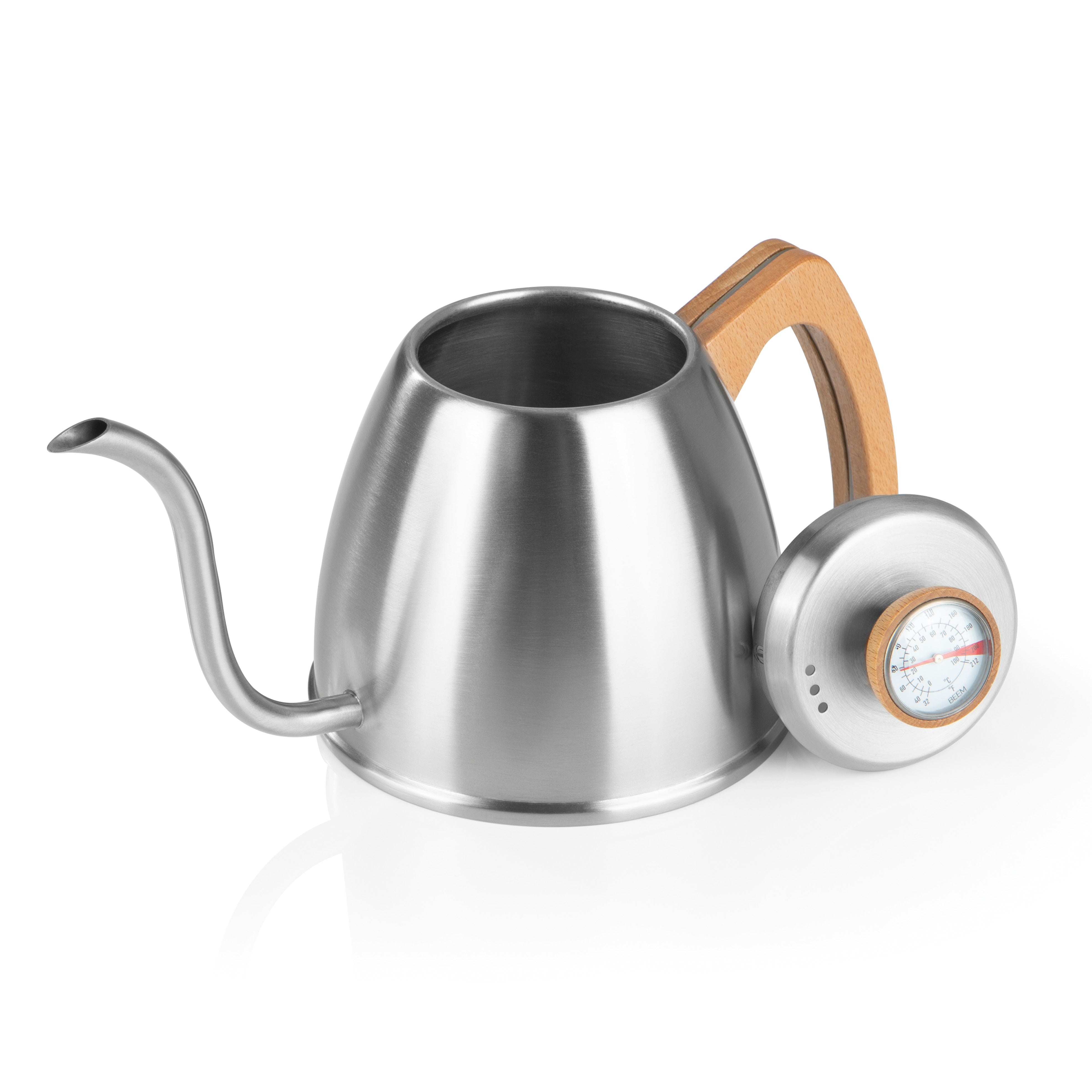 POUR OVER Wasserkessel mit Thermometer aus Edelstahl und Holzgriff, schmaler Schwanenhals ideal für präzisen Aufguss