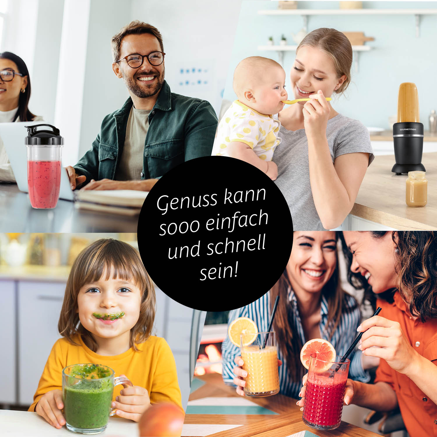 Nutrition Mixer zeigt Familie und Freunde, die frische Smoothies und Babynahrung schnell und einfach genießen.