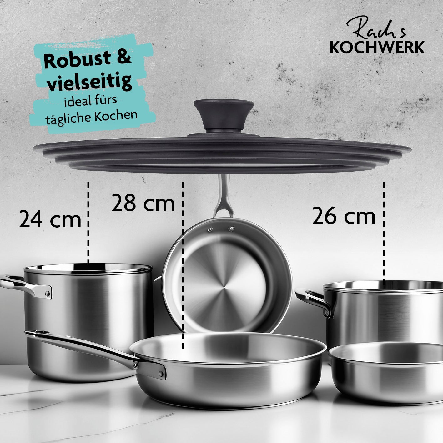Universal-Glasdeckel mit Silikonrand, passend für Töpfe und Pfannen 24, 26 und 28 cm, hitzebeständig und platzsparend.