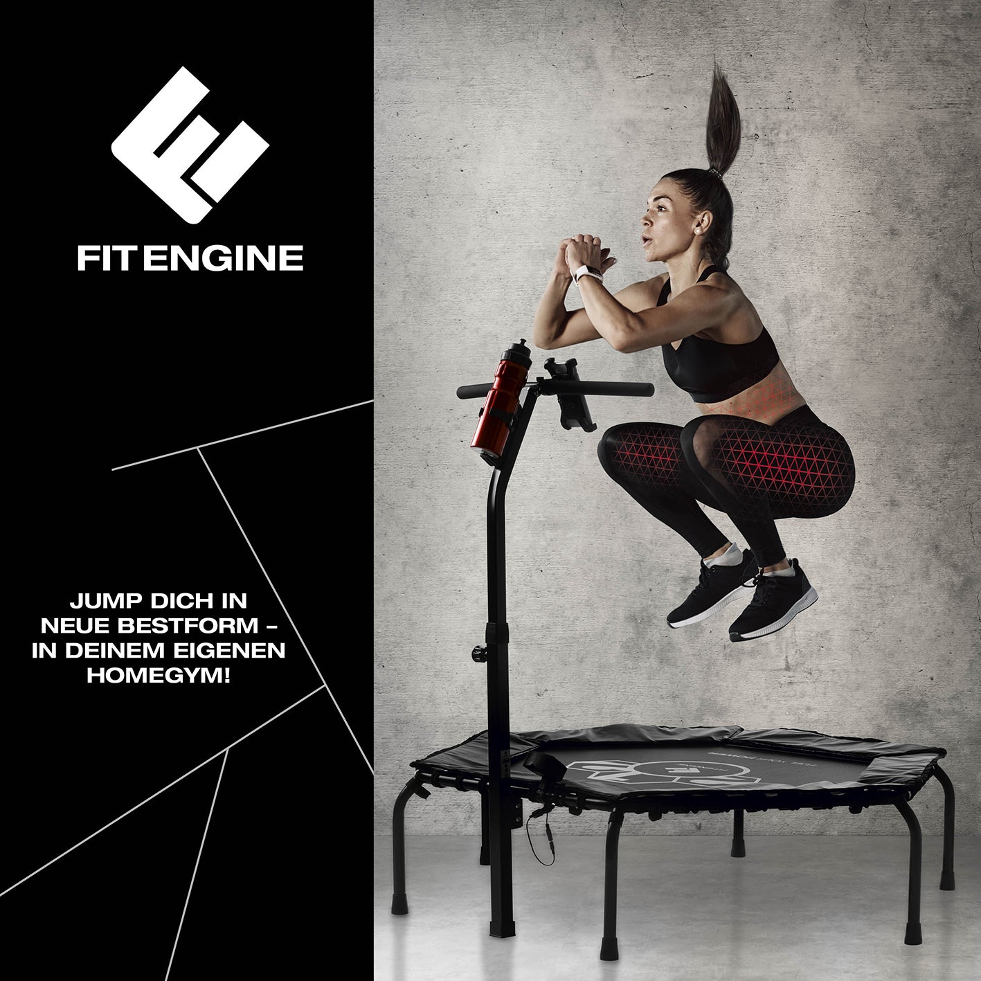 Fitness-Trampolin Smart mit 5-fach höhenverstellbarem Haltegriff, Trainingscomputer, Handy- und Flaschenhalter für effektives Workout.