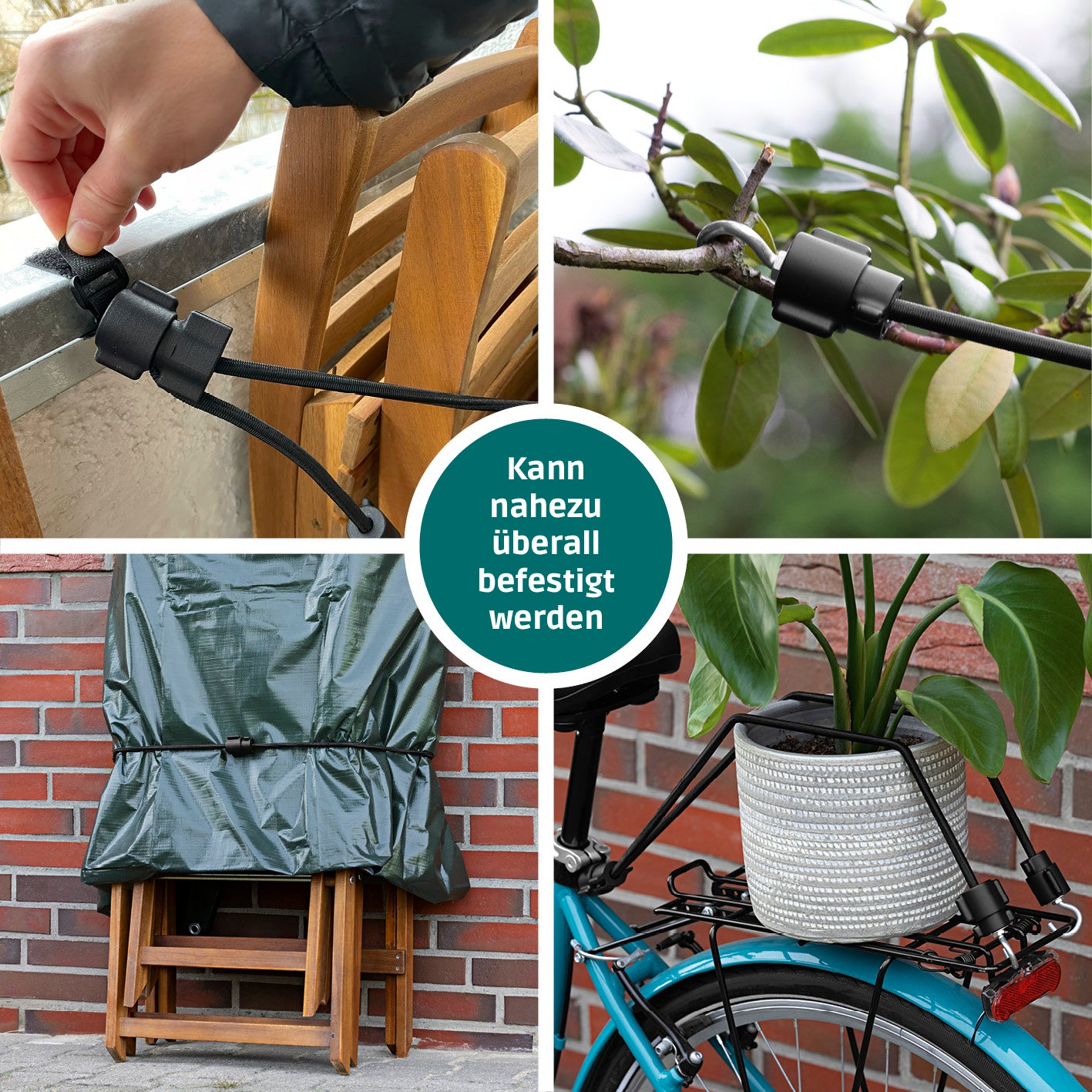 Multifunktionales Spanngummi-System - Premium-Set - 2er-Set mit verstellbarer Länge und vielseitigen Befestigungsoptionen für drinnen und draußen.