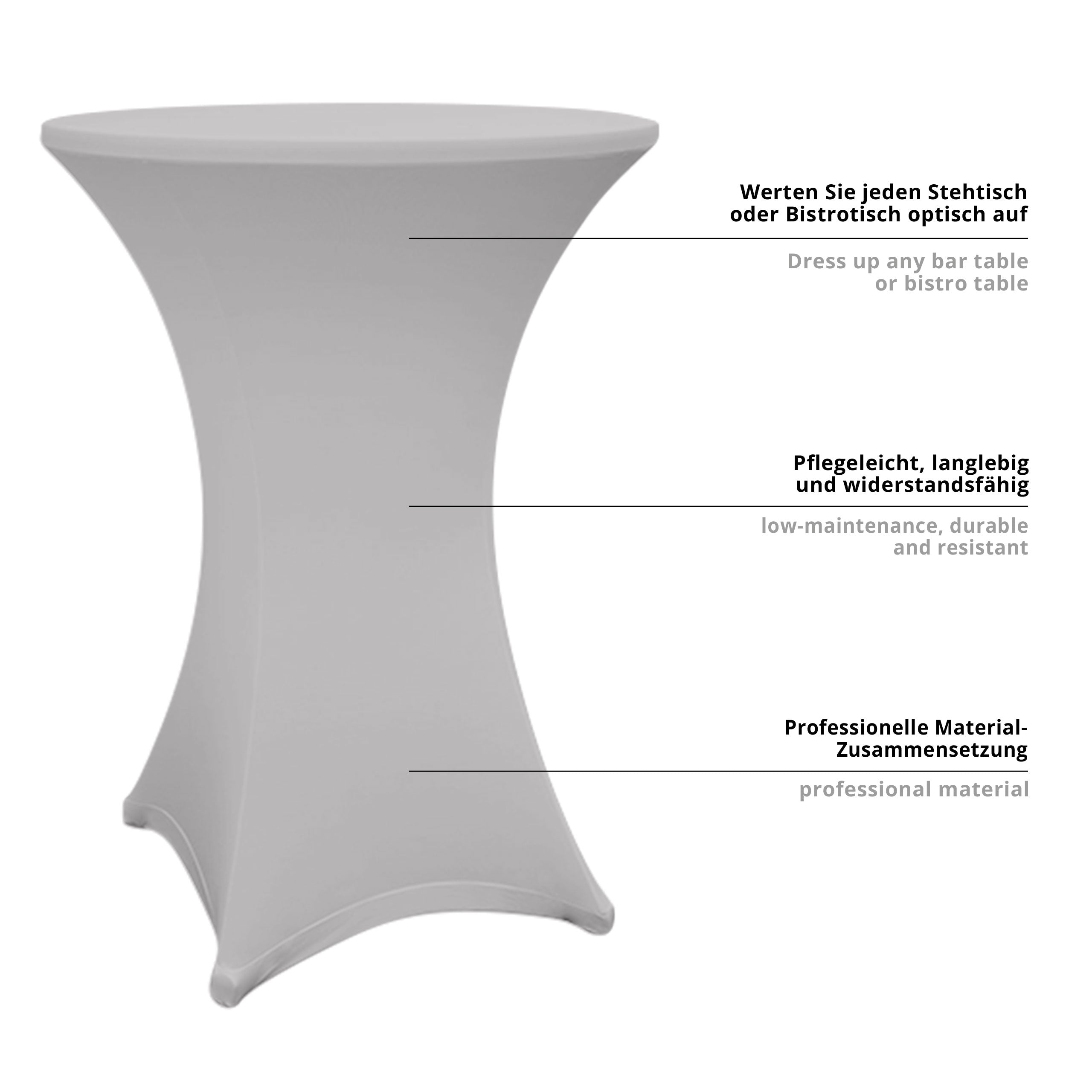 Stehtischhusse Ø 80-85 cm silbergrau, 5er-Set, schmutzabweisend, langlebig, pflegeleicht, passgenau für Stehtische und Bistrotische.