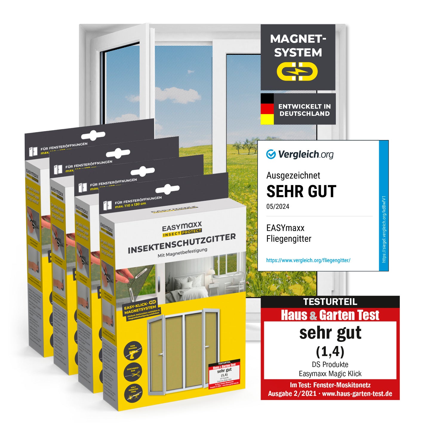 Insektenschutzgitter mit Magnetbefestigung - 4er-Set - 110 x 130 cm schwarz, Fliegennetz für einfache Montage ohne Bohren, flexibel zuschneidbar.