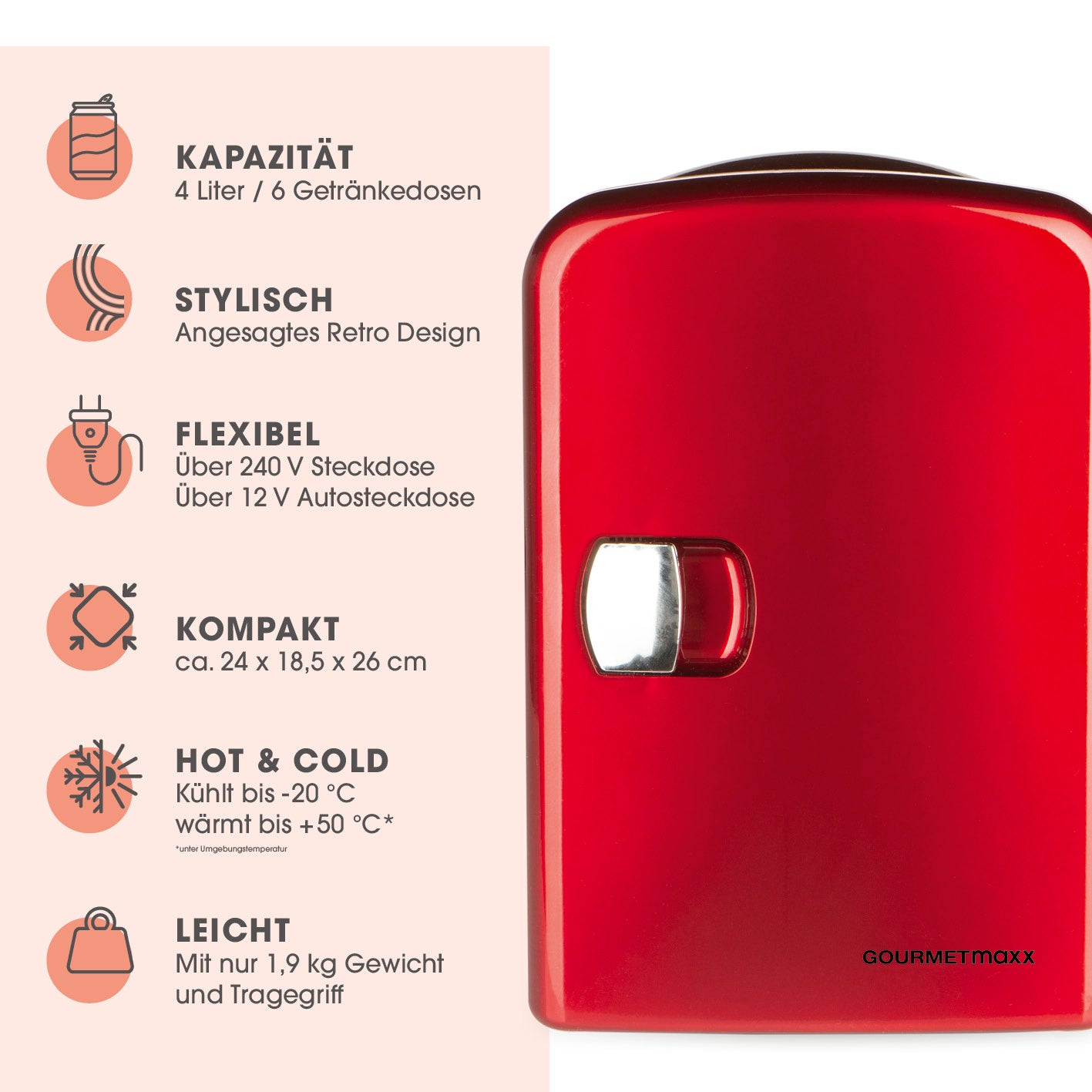 Mini-Kühlschrank Retro 45W - Rot, 4 Liter, kühlt bis -20 °C, wärmt bis 50 °C, Retro-Design, tragbar mit 240 V und 12 V Anschluss