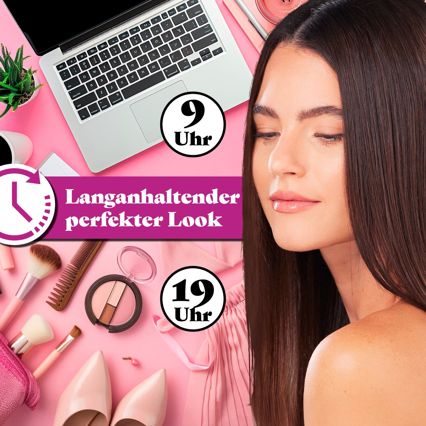 Frau mit glattem Haar neben Styling-Tools und Text „Langanhaltender perfekter Look“ mit Profi Hair-Styler Produktname