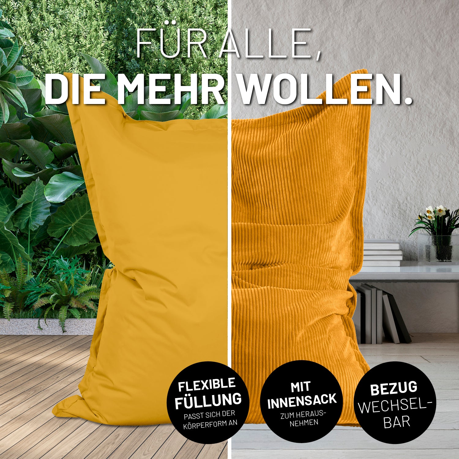 Sitzsack Classic XXL All-in-One Set - 380 L - 140 x 180 cm - Senfgelb mit zwei Bezügen für Indoor und Outdoor mit flexiblem Innensack.