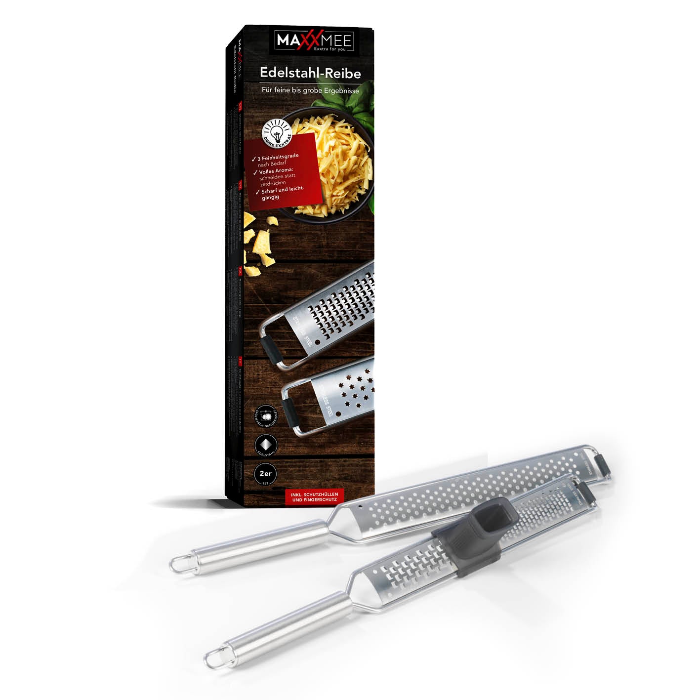 Zester Reibe - 2er-Set mit scharfen Edelstahl-Zacken, verschiedenen Feinheitsgraden, Griff und Fingerschutz für sichere Anwendung.