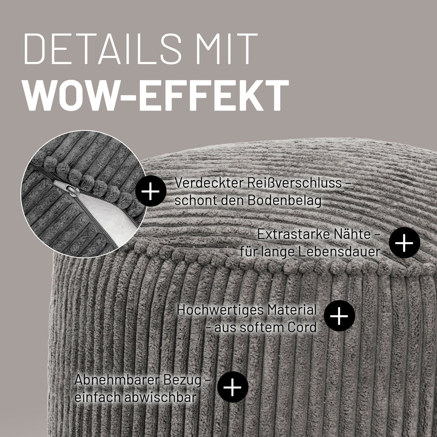 Sitzsack Pouf aus der Cord-Reihe - Grau mit verdecktem Reißverschluss, robustem Softcord, abnehmbarem Bezug und verstärkten Nähten.