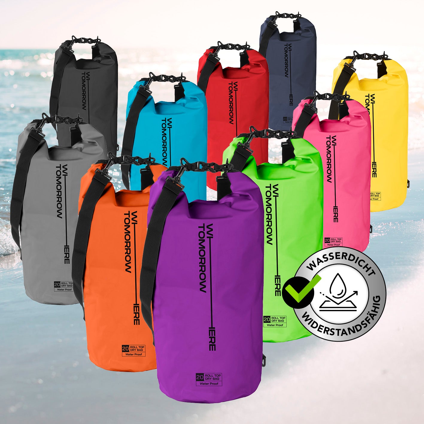 Dry Bag 20L - Style 02 - Lila wasserfester, robuster Outdoor-Rucksack mit Rolltop-Verschluss und verstellbarem Schultergurt von WATERTOMORROW.