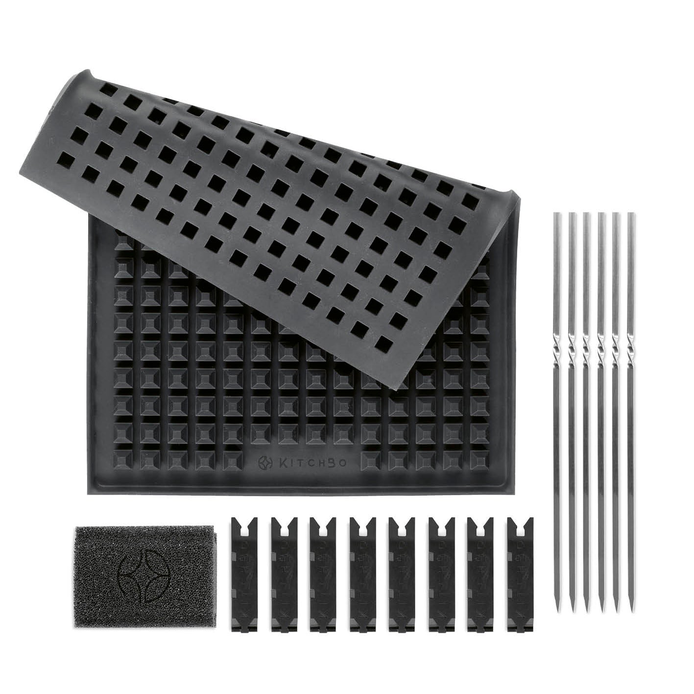 Starter Set Deluxe Silikon-Backmatte mit 6 Spießen, 8 Steinen und 1 Schwamm für fettarmes, krosses Backen und vielseitige Zubereitung