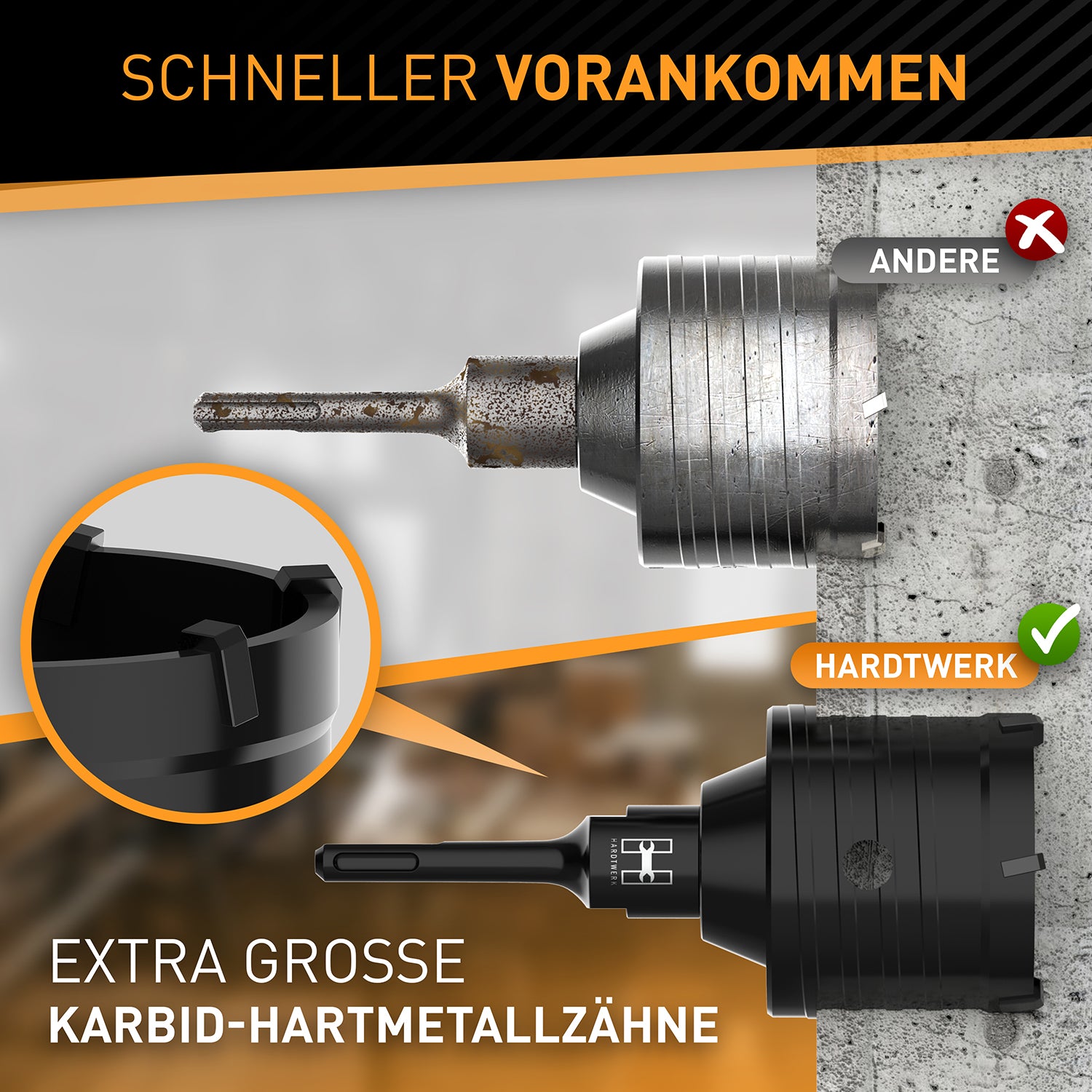 Bohrkronen Set - 68mm + SDS-Plus-Adapter mit extra großen Karbid-Hartmetallzähnen für schnelle und präzise Bohrungen.