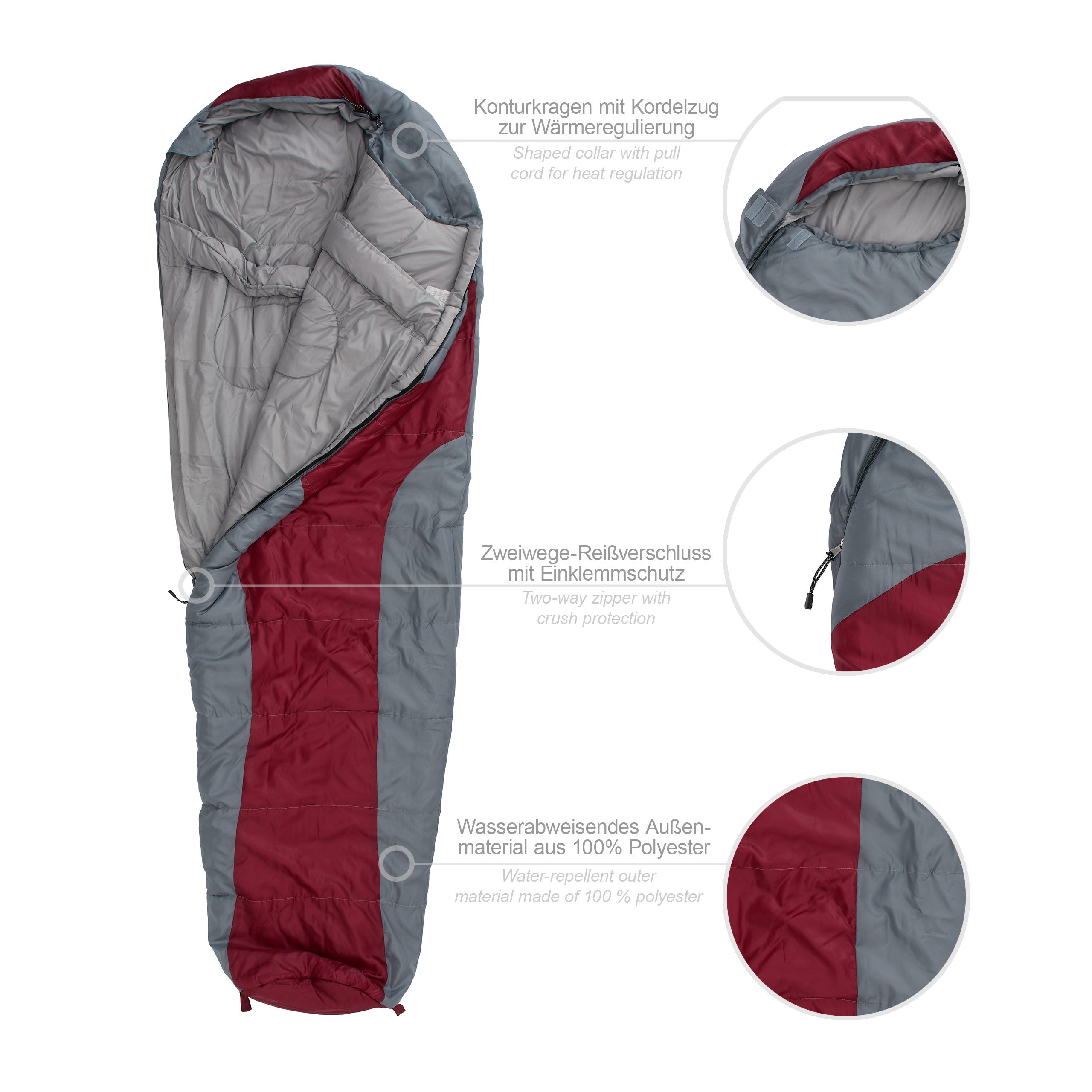 Camping Schlafsack Classic - Mumienschlafsack mit Wasser abweisendem Außenmaterial und Kordelzug für Wärmeregulierung, weinrot.