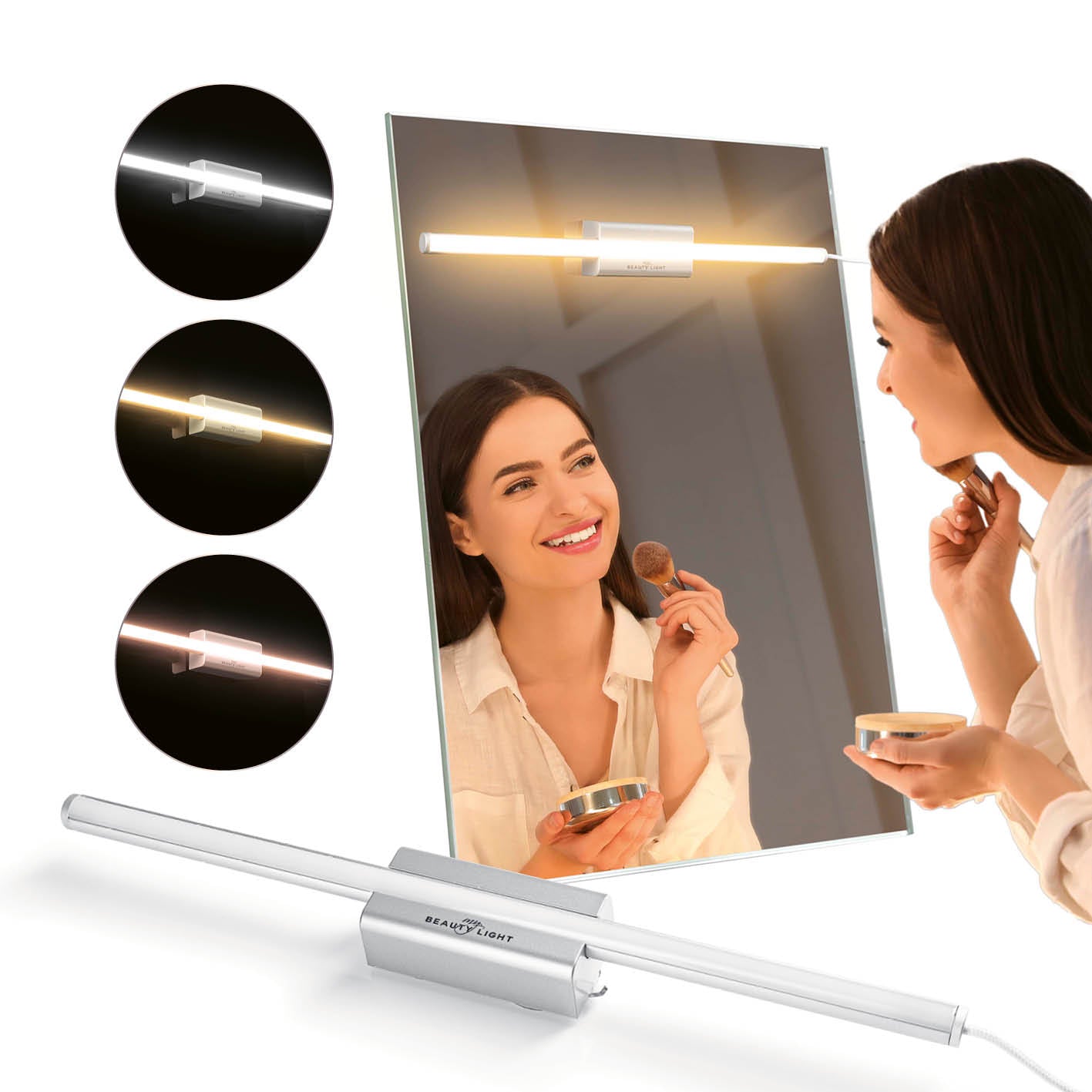 LED-Spiegelleuchte 5-in-1 Glamour Edition mit 5 Lichtfarben, dimmbar, Textilkabel und Saugnapf zur Spiegelmontage.