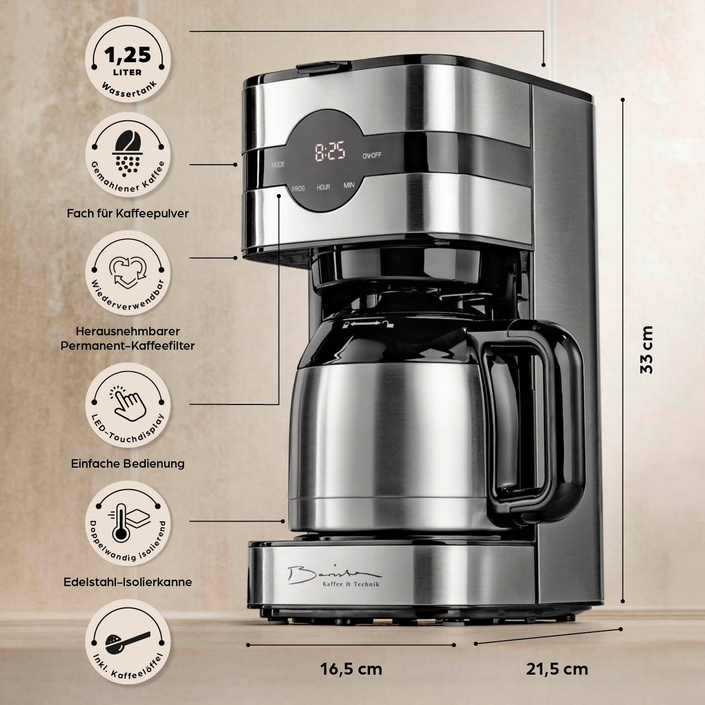 Filterkaffeemaschine Touch Iso - Silber mit Edelstahl-Isolierkanne, Timerfunktion, LED-Touchdisplay und permanentem Kaffeefilter.