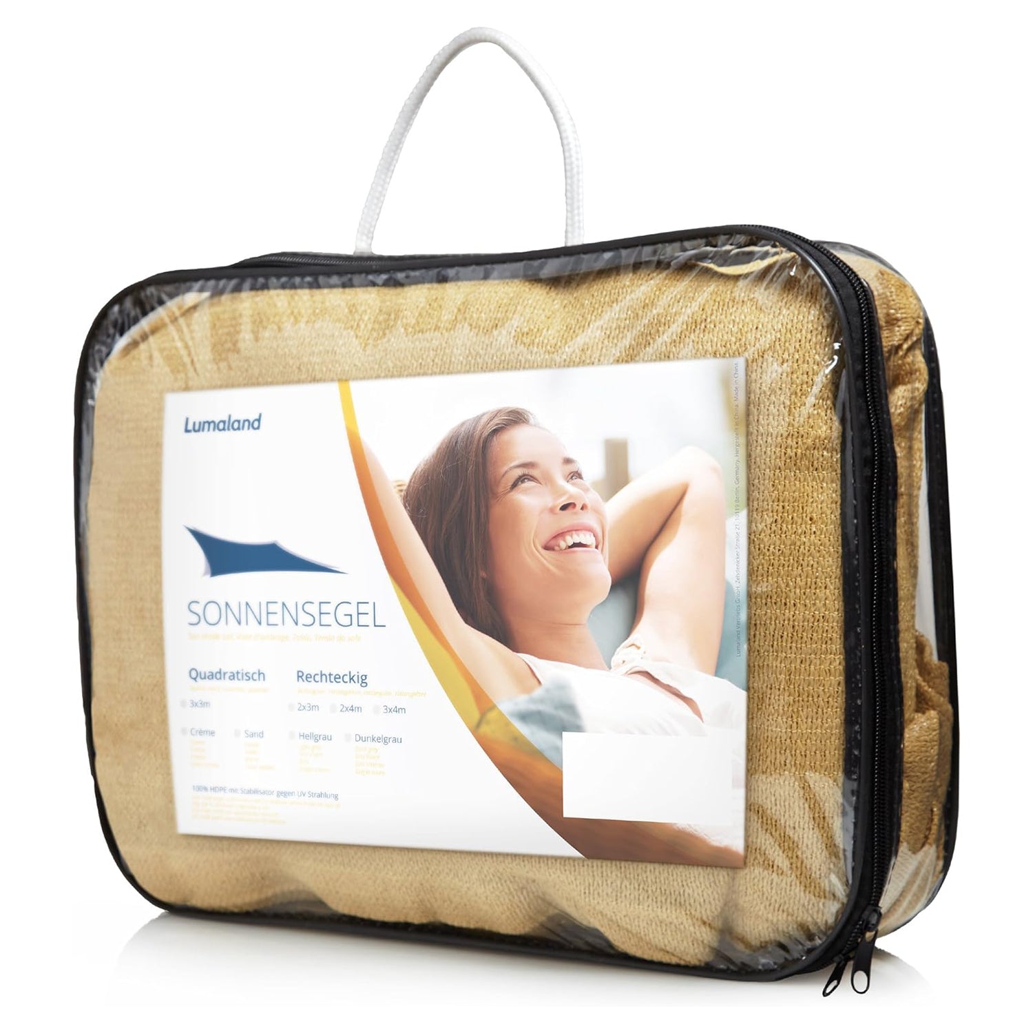 Sonnensegel 100% HDPE mit Stabilisator für UV-Schutz Quadrat 5 x 5 Meter Sand in praktischer Verpackung.