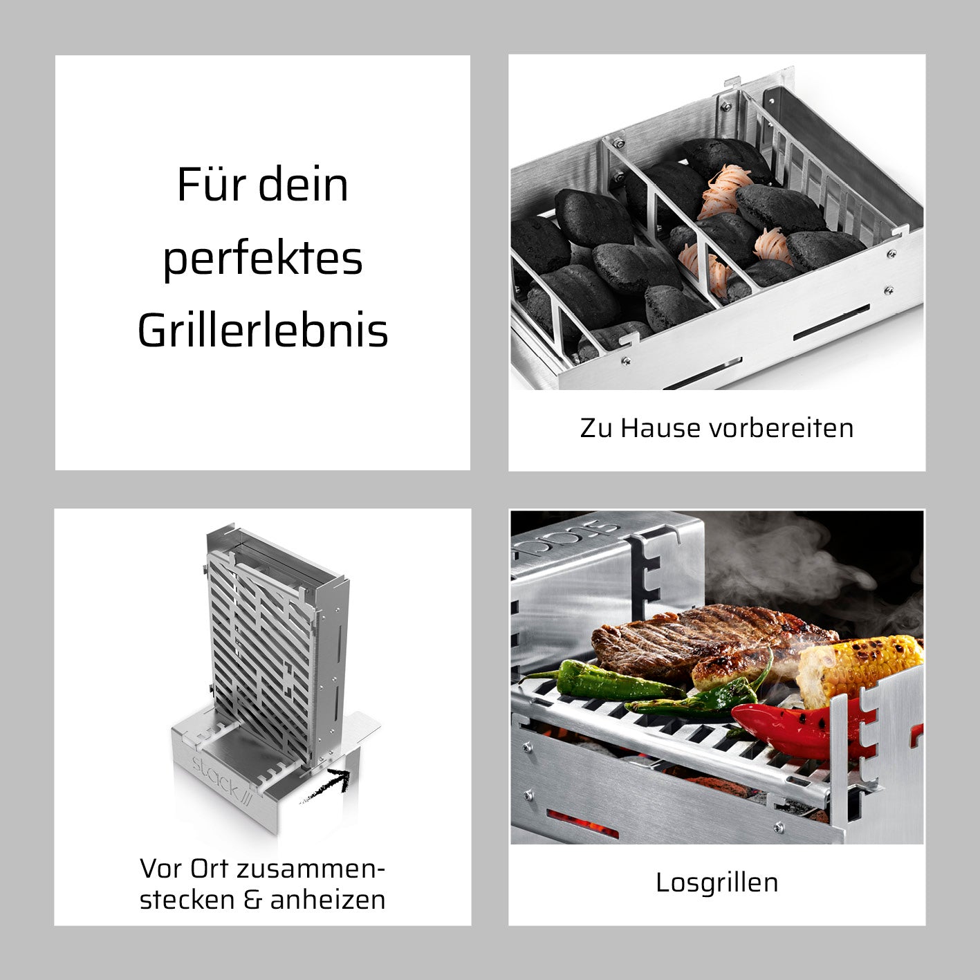 Grill und Feuerstelle mobiler Grill mit Stecksystem, Kamineffekt, höhenverstellbarem Rost für 2–5 Personen inklusive Grillzange und Tasche.