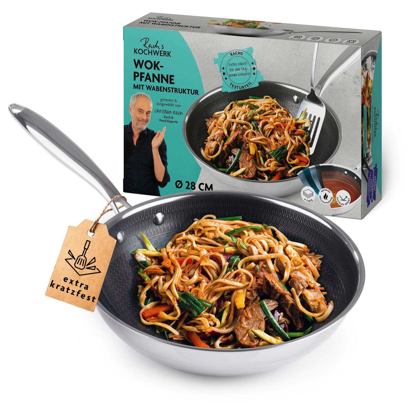 Wok-Pfanne mit Wabenstruktur Ø 28 cm, kratzfest, antihaftbeschichtet, ideal für fettarmes Braten und alle Herdarten.
