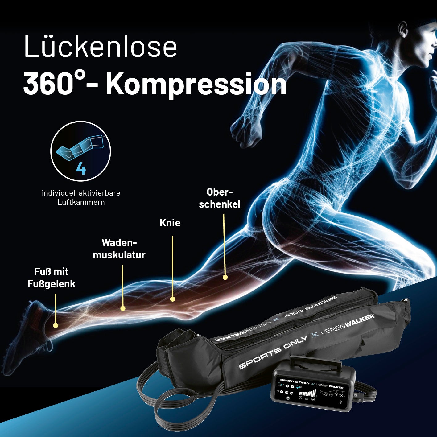 Massageboots zur Kompressionstherapie mit 10 Intensitätsstufen für 360°-Kompression von Fuß bis Oberschenkel, ideal für Sportler.