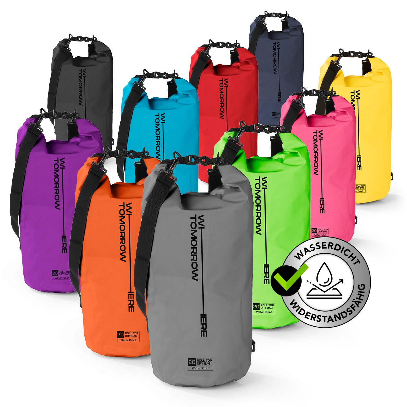Dry Bag 20L - Style 02 - Grau wasserdichter, robuster Outdoor-Rucksack mit Rolltop-Verschluss und verstellbarem Schultergurt.