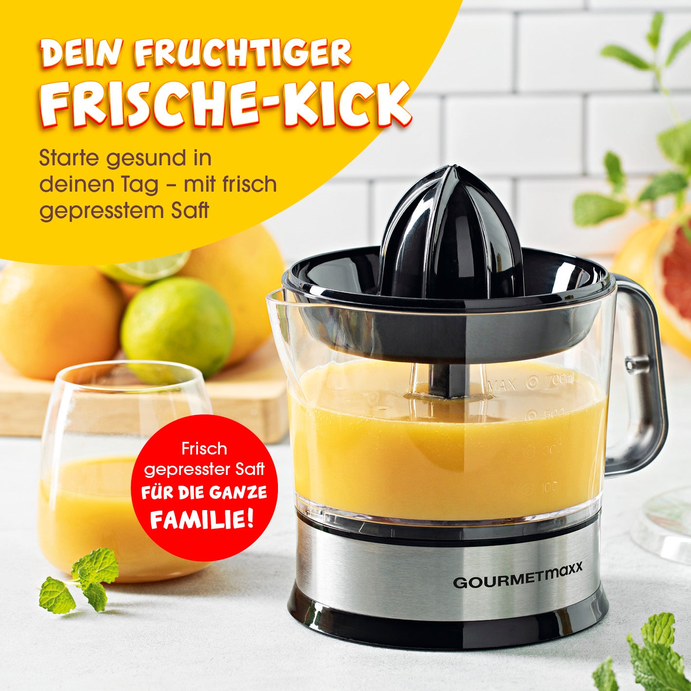 Zitruspresse 0,7l - Edelstahl mit 2 Pressaufsätzen für frischen Saft bis 700 ml und praktischem Aromadeckel.