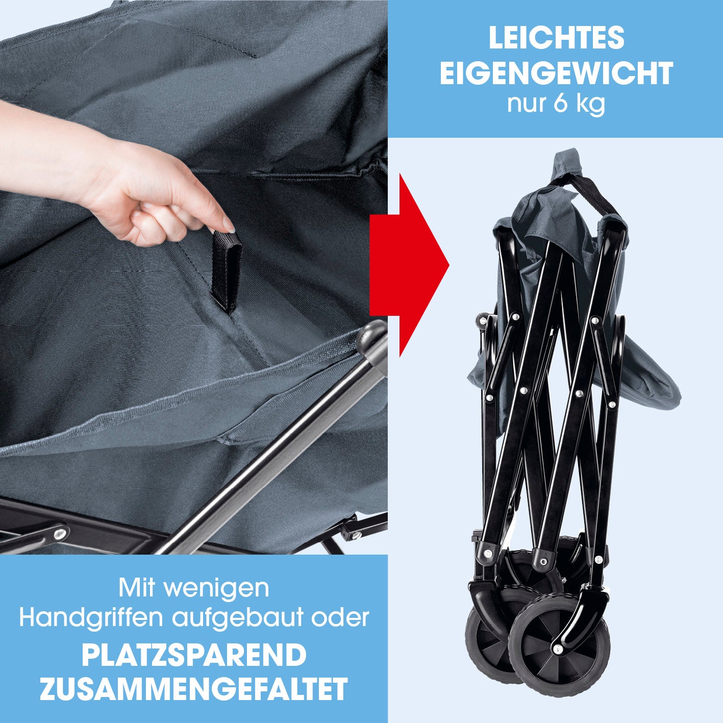 Klapp-Bollerwagen mit leichtem Stahlrohrrahmen, platzsparend zusammengefaltet, nur 6 kg, einfach auseinanderklappbar.