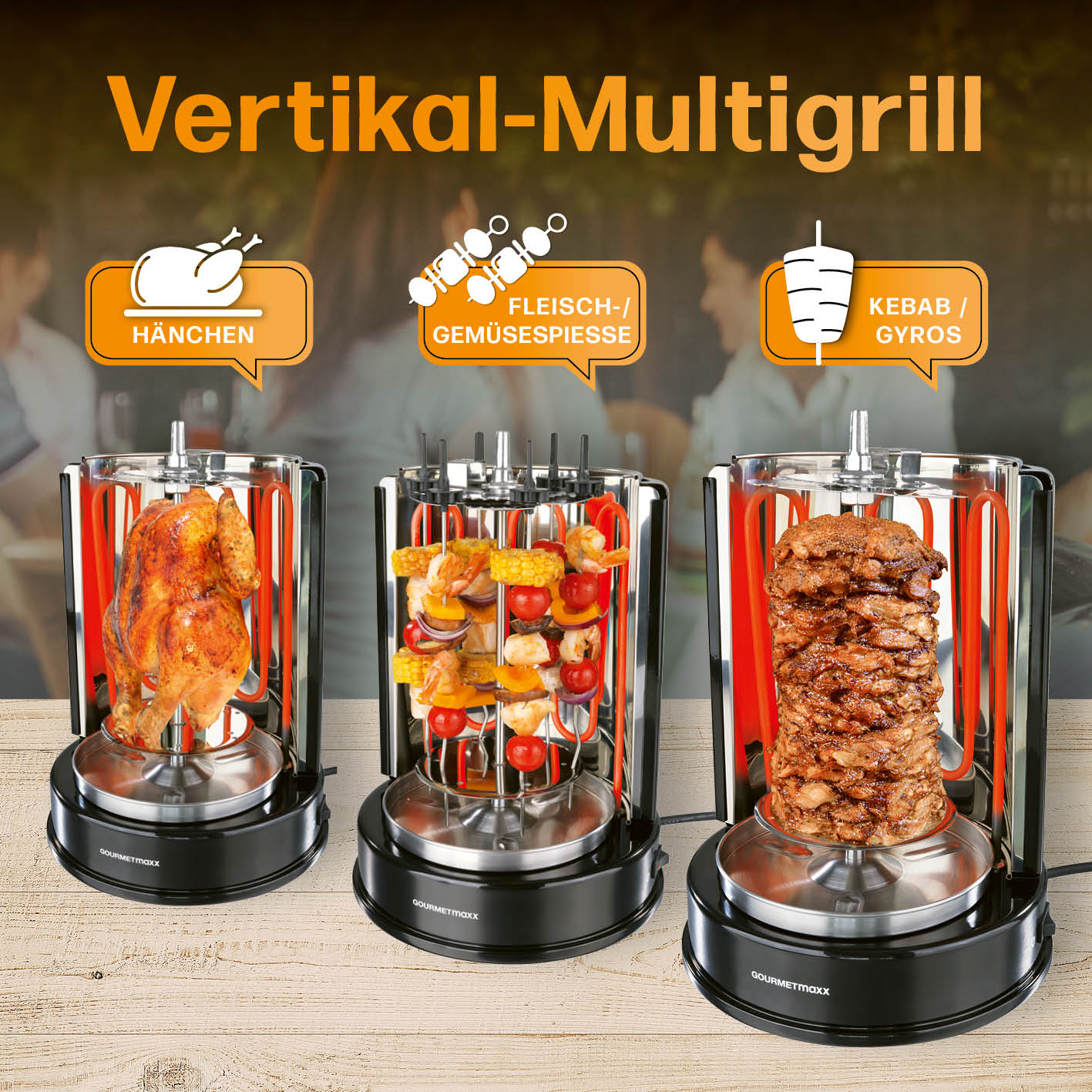 Dönergrill mit 360° Rotation, großer Mittelspieß für Döner, 6 Spieße für Fleisch und Gemüse, leicht zu reinigen, GOURMETmaxx Marke.