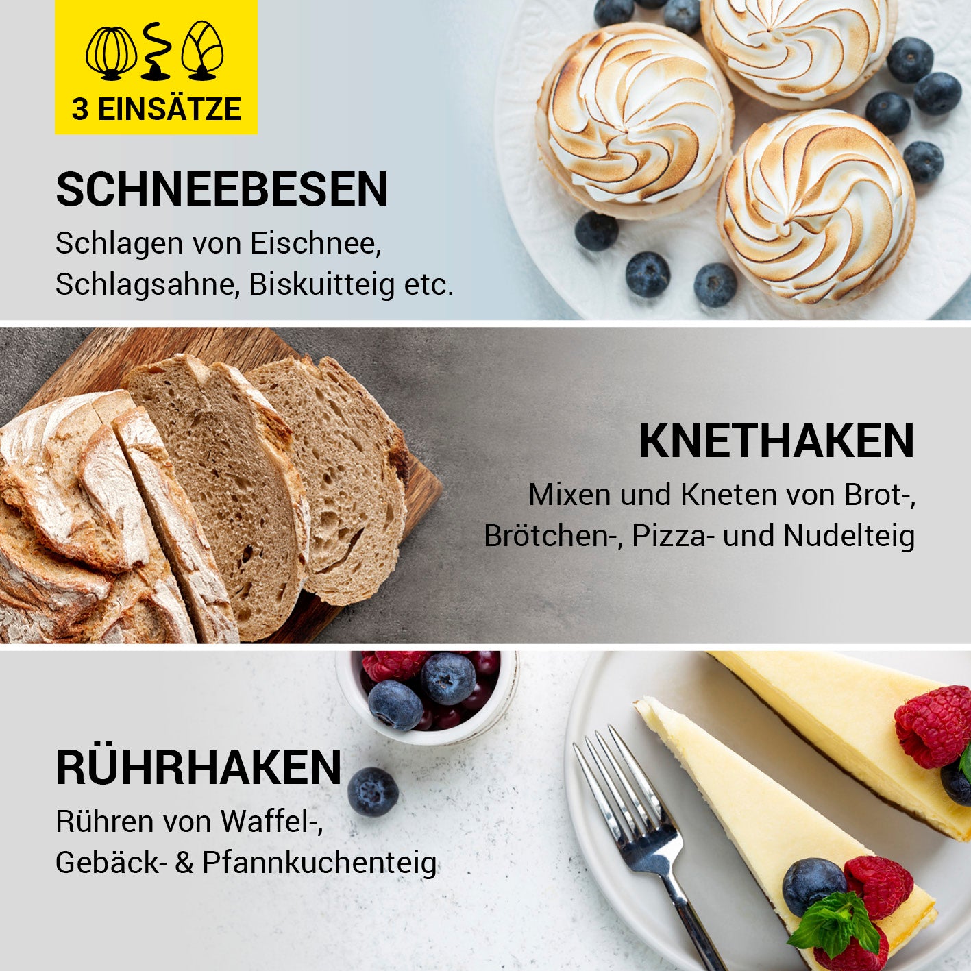 Küchenmaschine in der Midnight Edition mit 3 Einsätzen: Schneebesen, Knethaken, Rührhaken für vielseitiges Backen und Kochen.