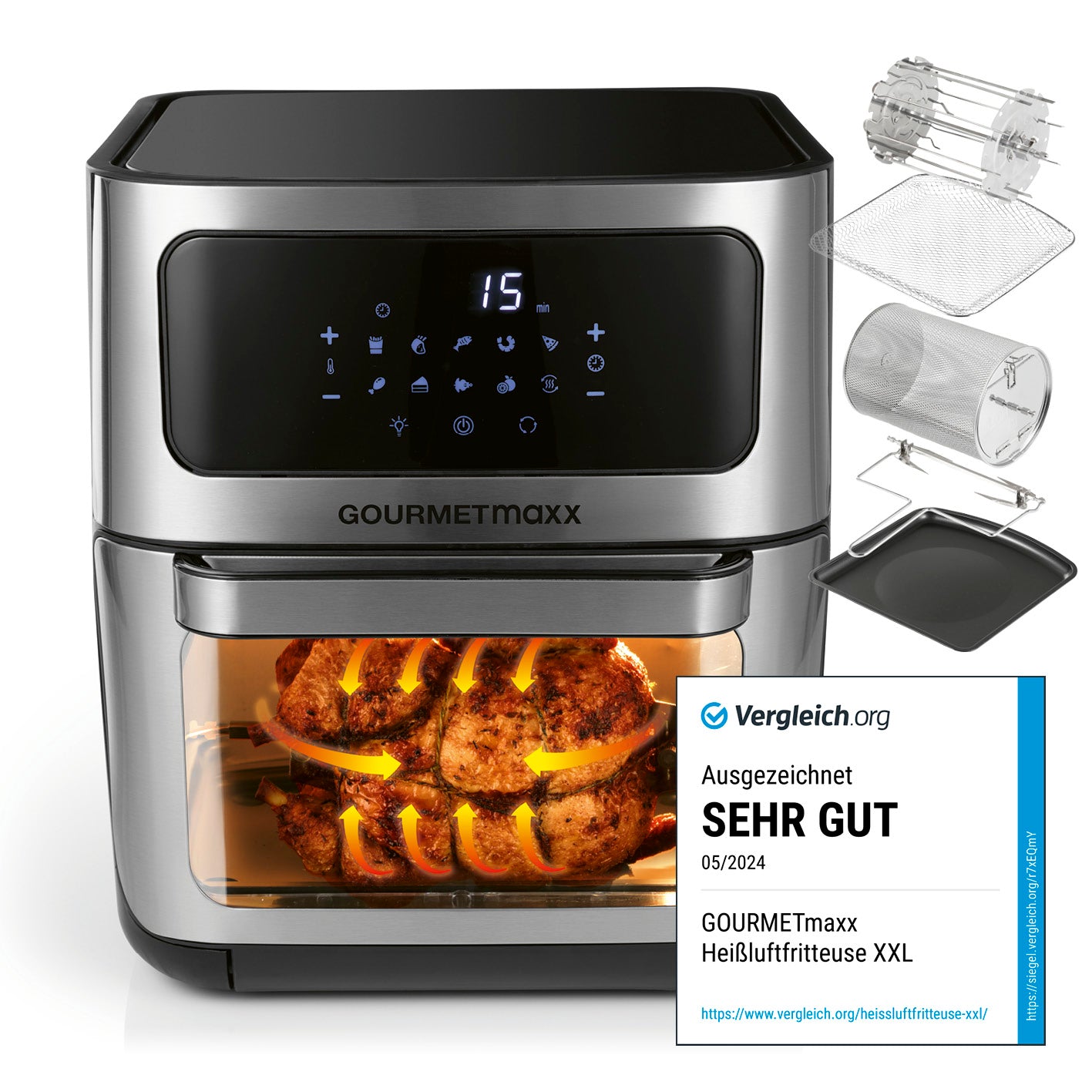 Heißluft-Ofen Digital mit Sichtfenster - 12l mit Touchdisplay, Innenbeleuchtung und vielseitigen Grill- und Frittierfunktionen.