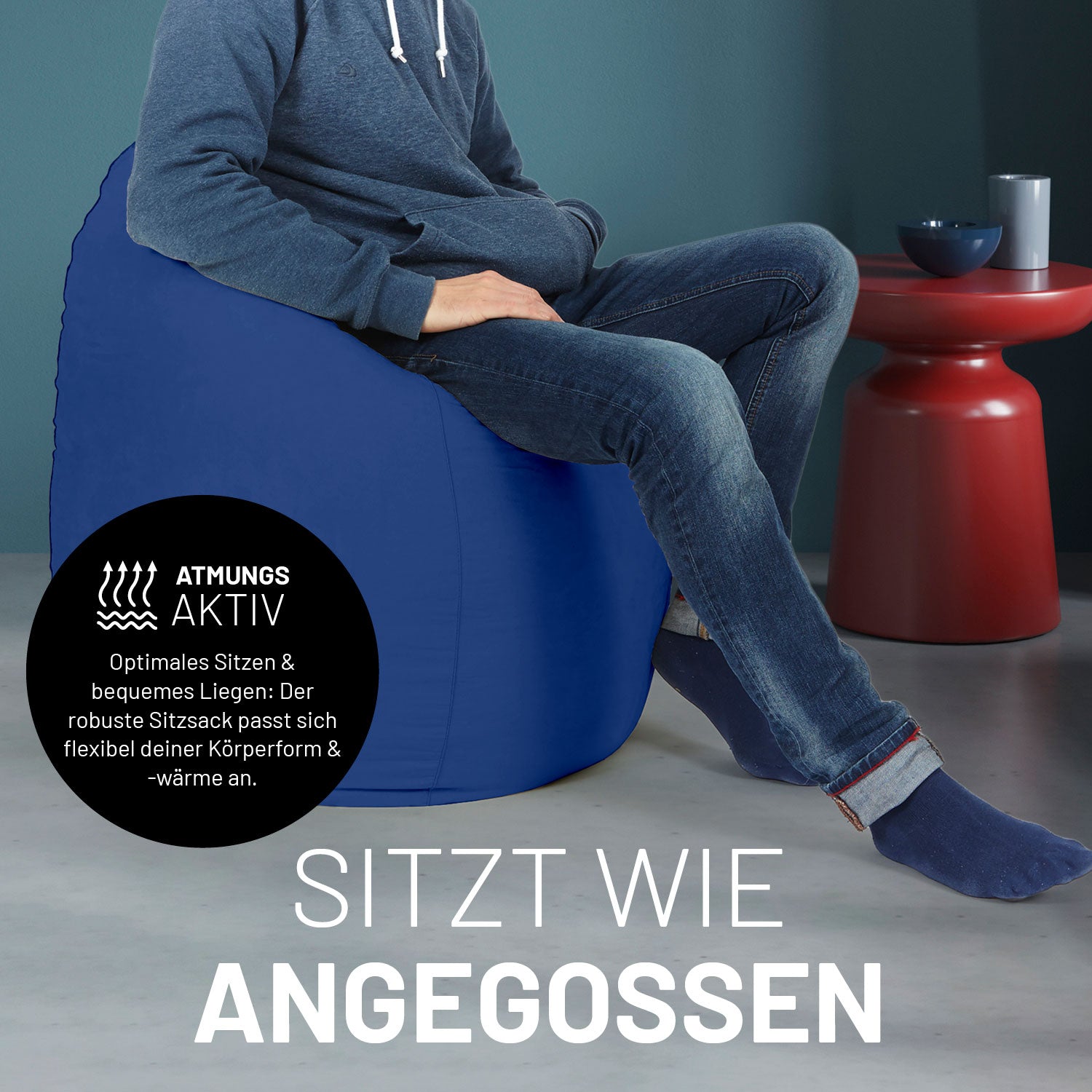 Luxury XL PLUS Sitzsack (220 L) Royalblau mit atmungsaktivem Material und formanpassender EPS Füllung für optimalen Sitzkomfort indoor.