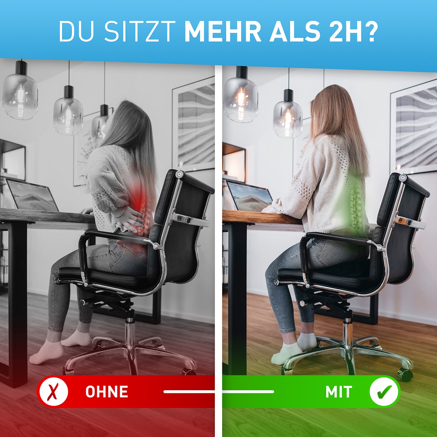 Vergleich ohne und mit Stuhl-Keilkissen mit Samtbezug - Schwarz für besseren Sitzkomfort und Rückenentlastung im Büro und Homeoffice.