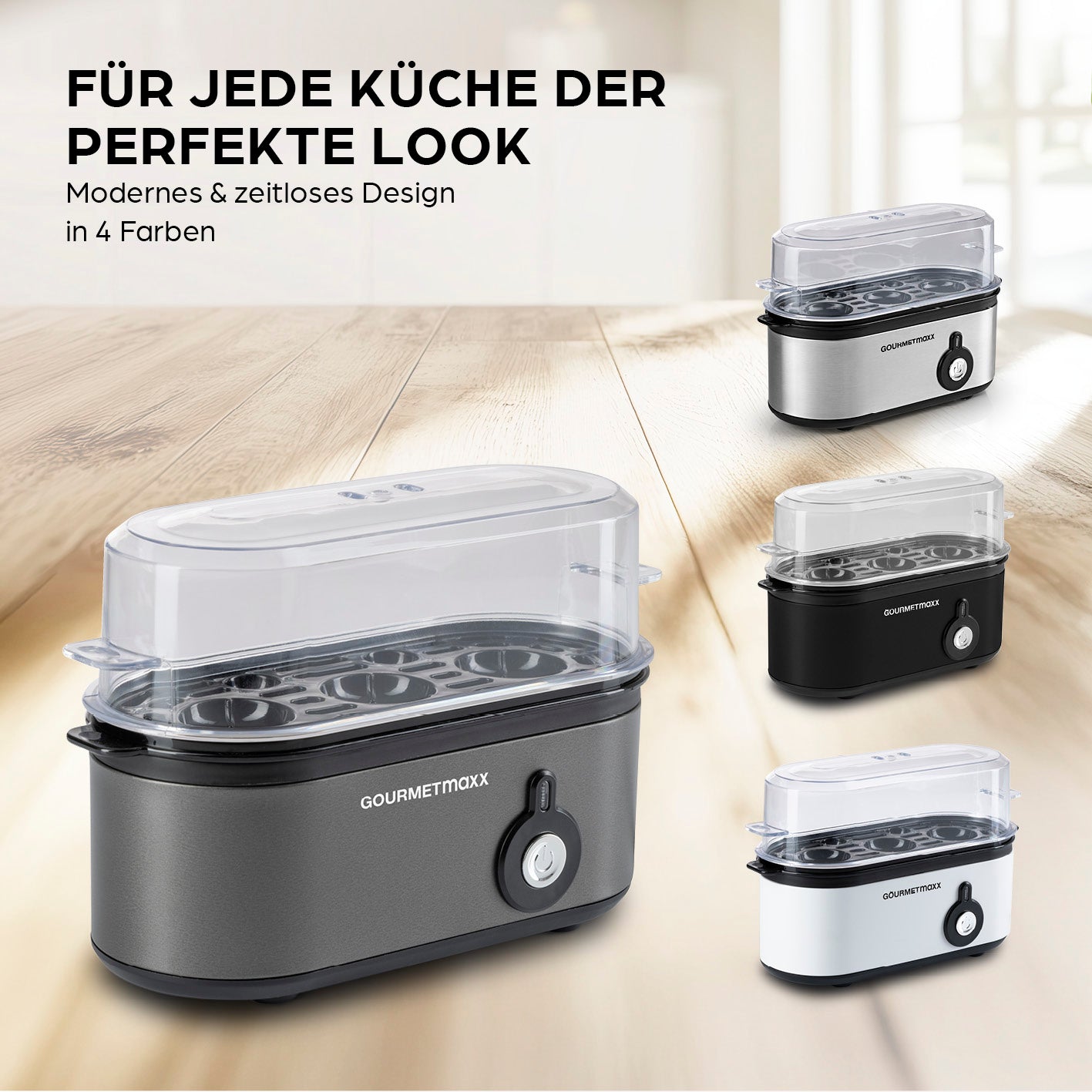 Design-Eierkocher 3 Eier - Anthrazit mit modernem, zeitlosem Design für perfekte Eier in jeder Küche kompakt und platzsparend.