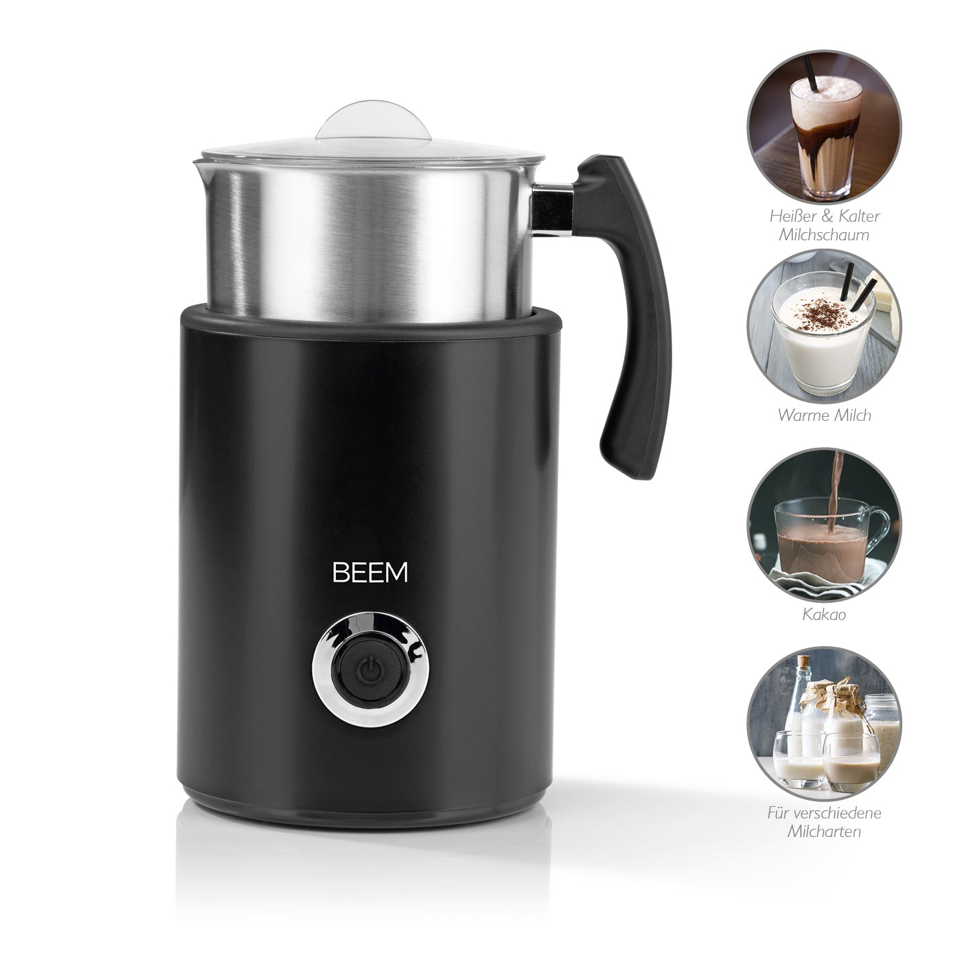 MILK-PERFECT Induktions-Milchaufschäumer 260ml mit Edelstahl-Kanne, LED-Farbcode und 500W Leistung für cremigen Milchschaum.
