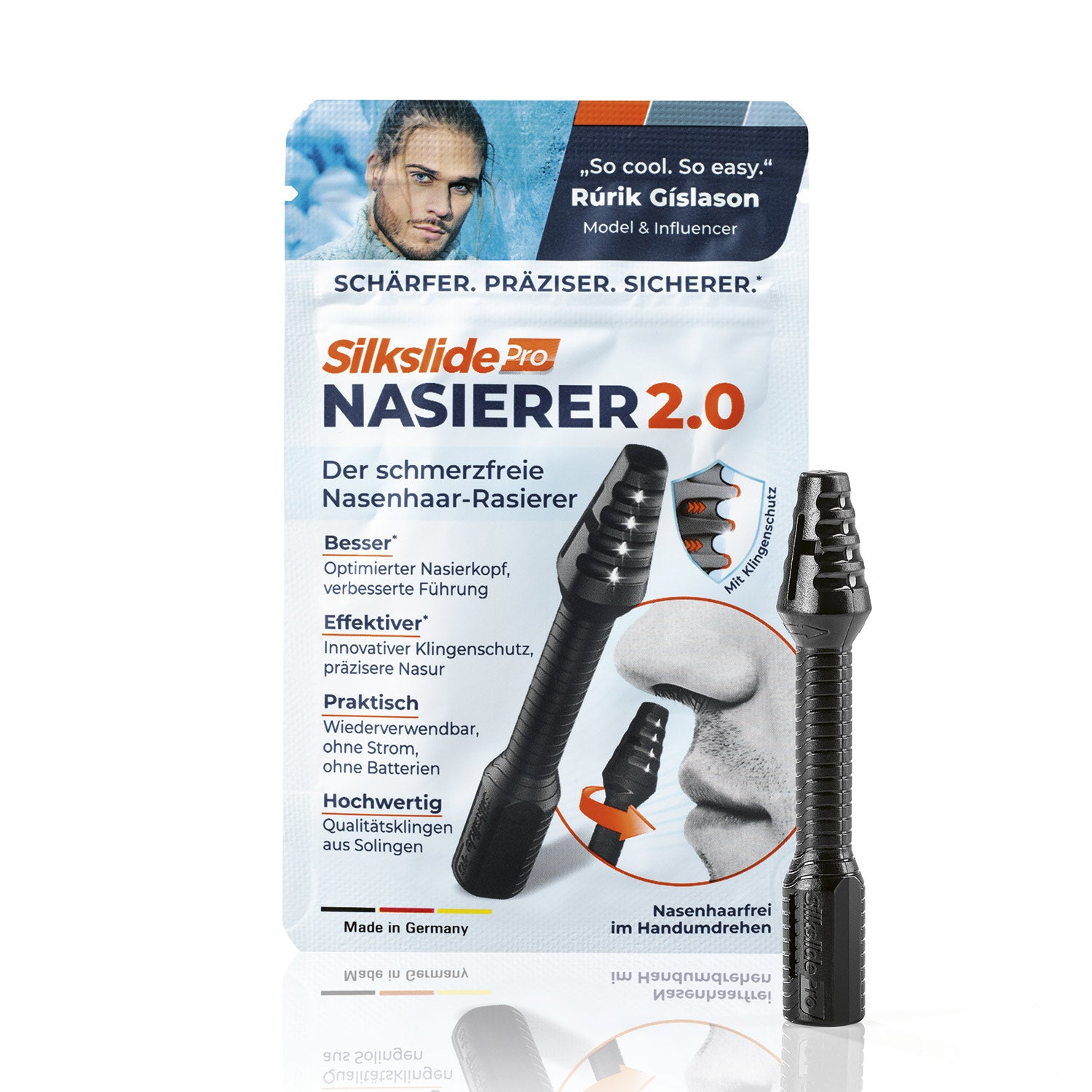 Nasenhaartrimmer - Nasierer 2.0 mit optimiertem Kopf, Klingenschutz und Solinger Qualitätsklingen für präzise, schmerzfreie Nasur ohne Strom.