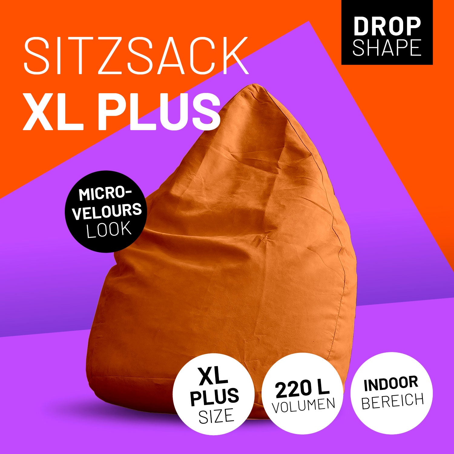 Luxury XL PLUS Sitzsack (220 L) in Orange, indoor, mit hochwertiger EPS-Füllung und angenehmem Micro-Velours Bezug.