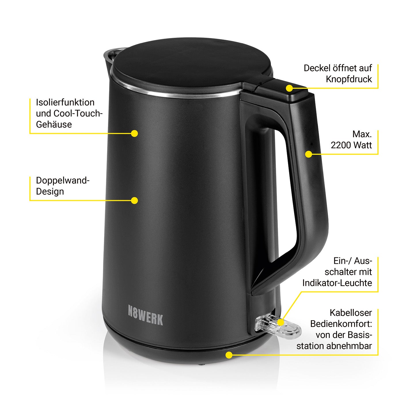 Wasserkocher in der Midnight Edition, 1,5 Liter Fassungsvermögen, 2200 W, Cool-Touch, kabellos, 360° drehbar, elegantes Design.