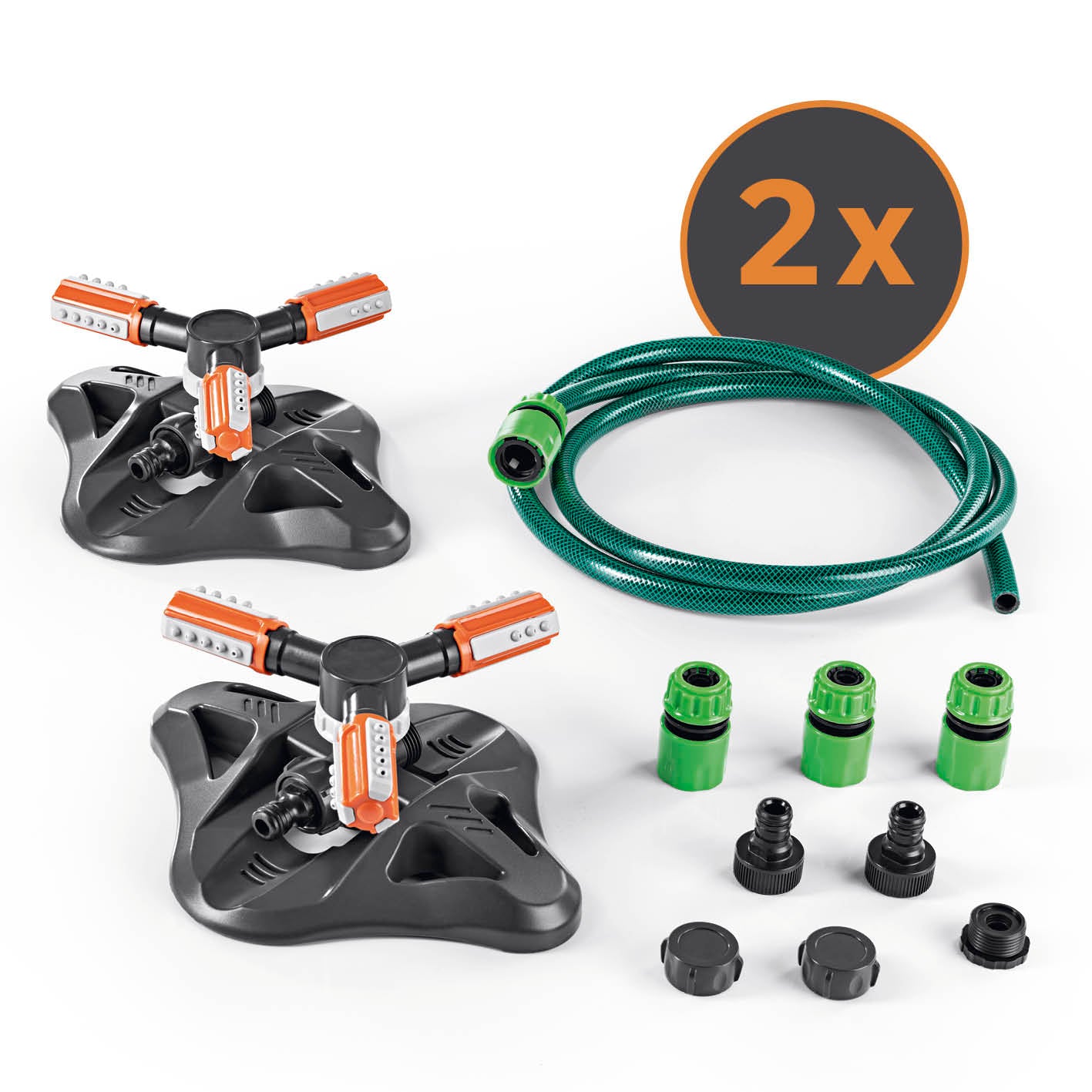 360°-Gartensprinkler - 2er-Set mit 3 rotierenden Sprüharmen, Düsen, 2 m PVC-Schlauch und variabler Bewässerungseinstellung.