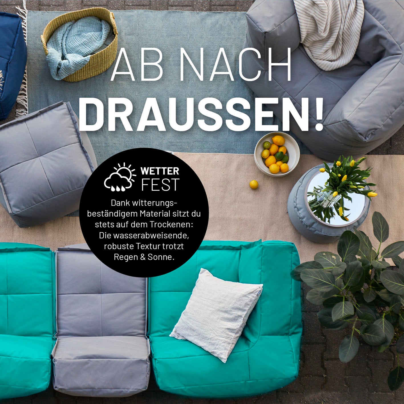 Sitzsack-Hocker (200 L) - Modulares System in Türkis, wetterfest, vielseitig, mit abwischbarem Bezug für indoor & outdoor Nutzung.