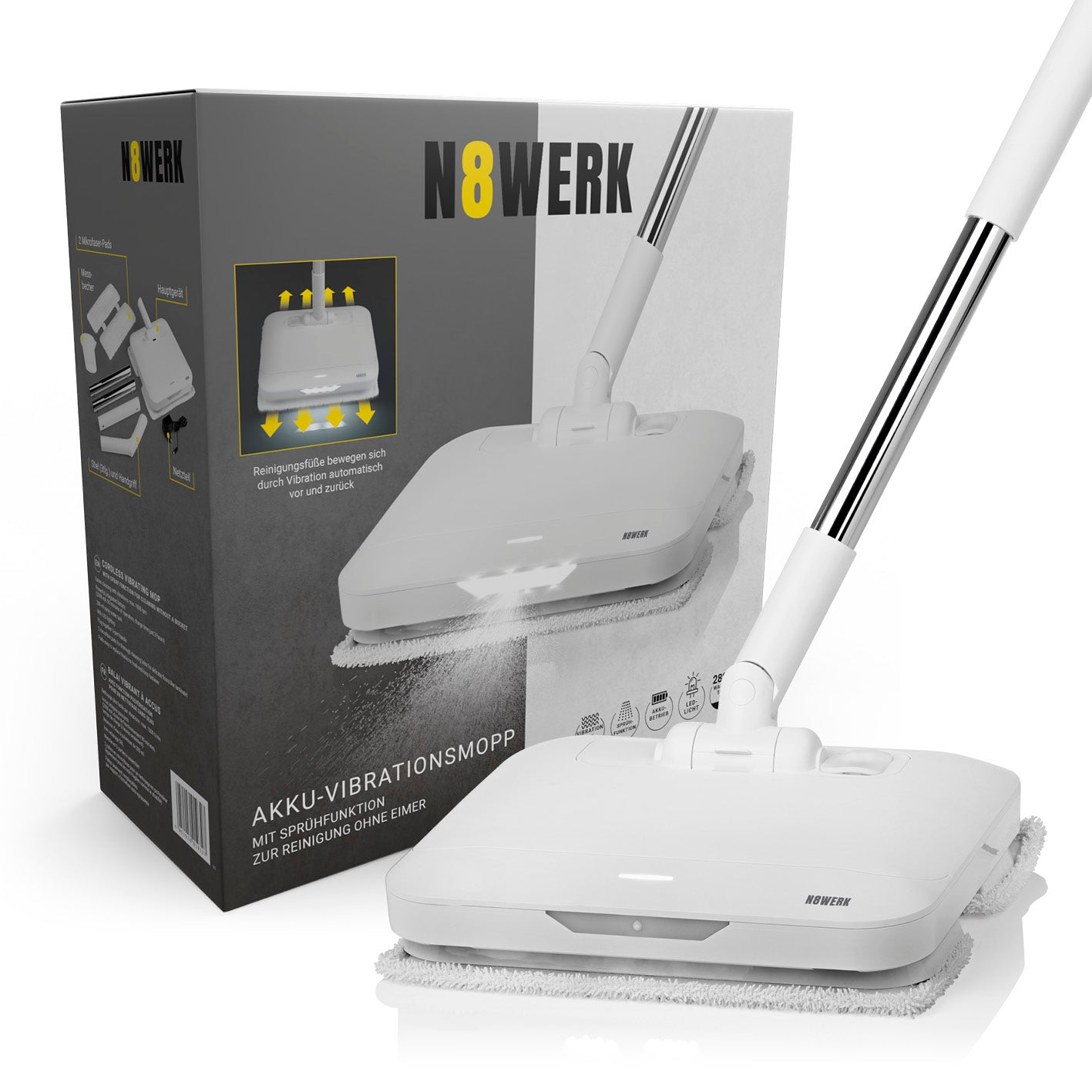 Akku-Vibrationsmopp Moonlight White Edition mit Sprühfunktion, LED-Beleuchtung und vibrationstechnologie für einfache Bodenreinigung.