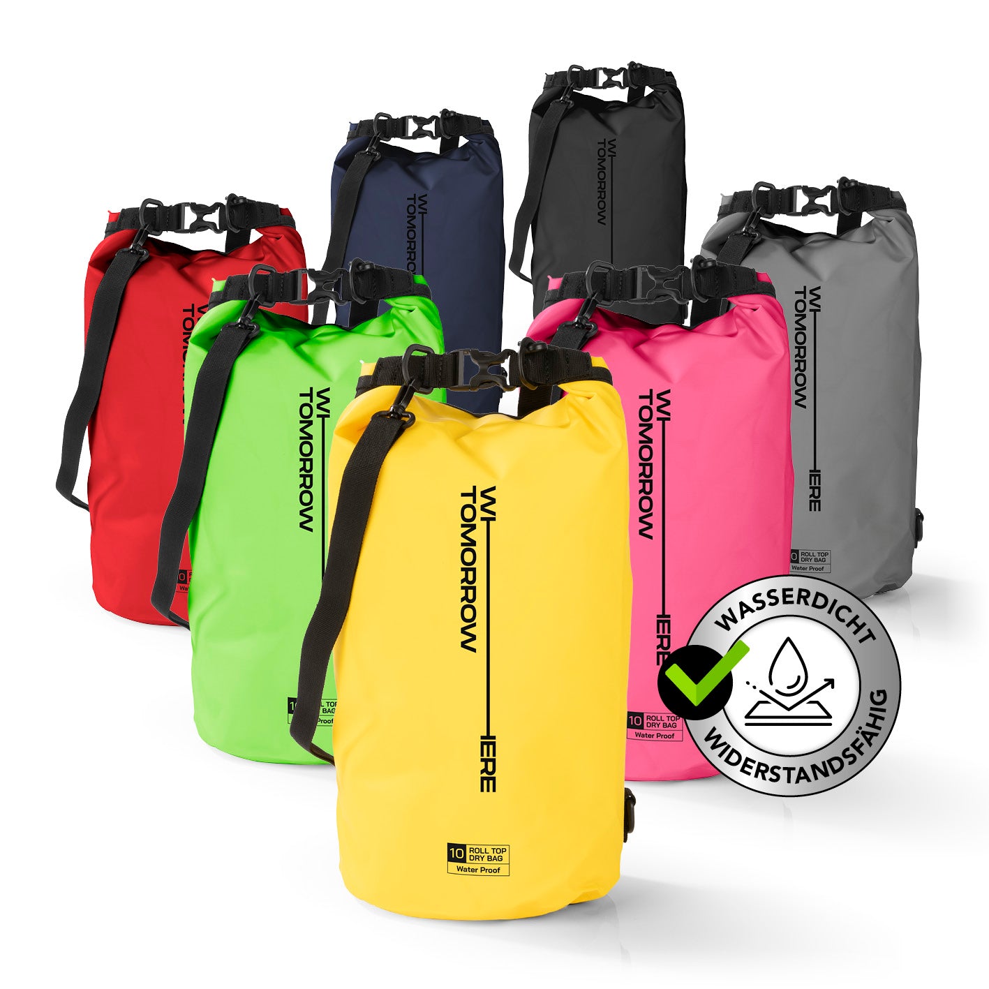 Dry Bag 10L - Style 02 - Gelb wasserfester, robuster Outdoor-Rucksack mit Rolltop-Verschluss und verstellbarem Schultergurt, ideal für Abenteuer.