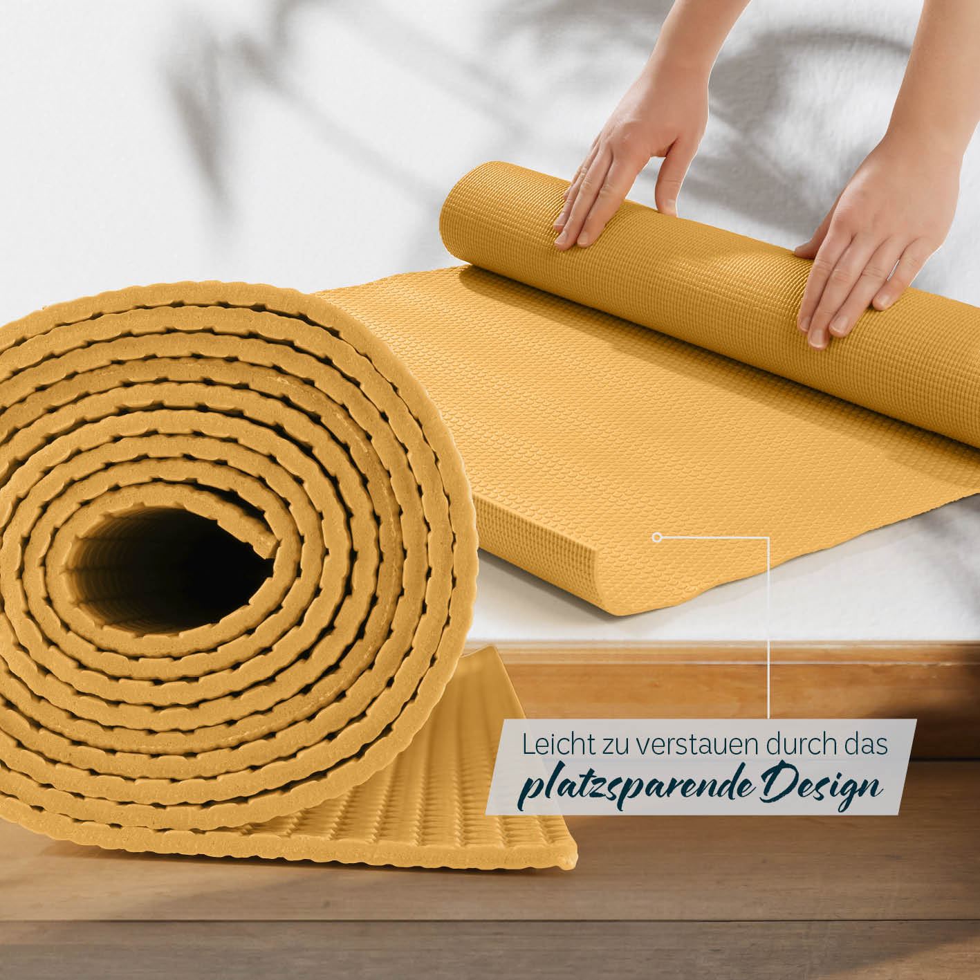 Yogamatte Kirana - 183 x 61 x 0,4 cm - Curry, weiche, rutschfeste ECO-PVC Trainingsmatte für Yoga, Pilates und Fitness mit platzsparendem Design.