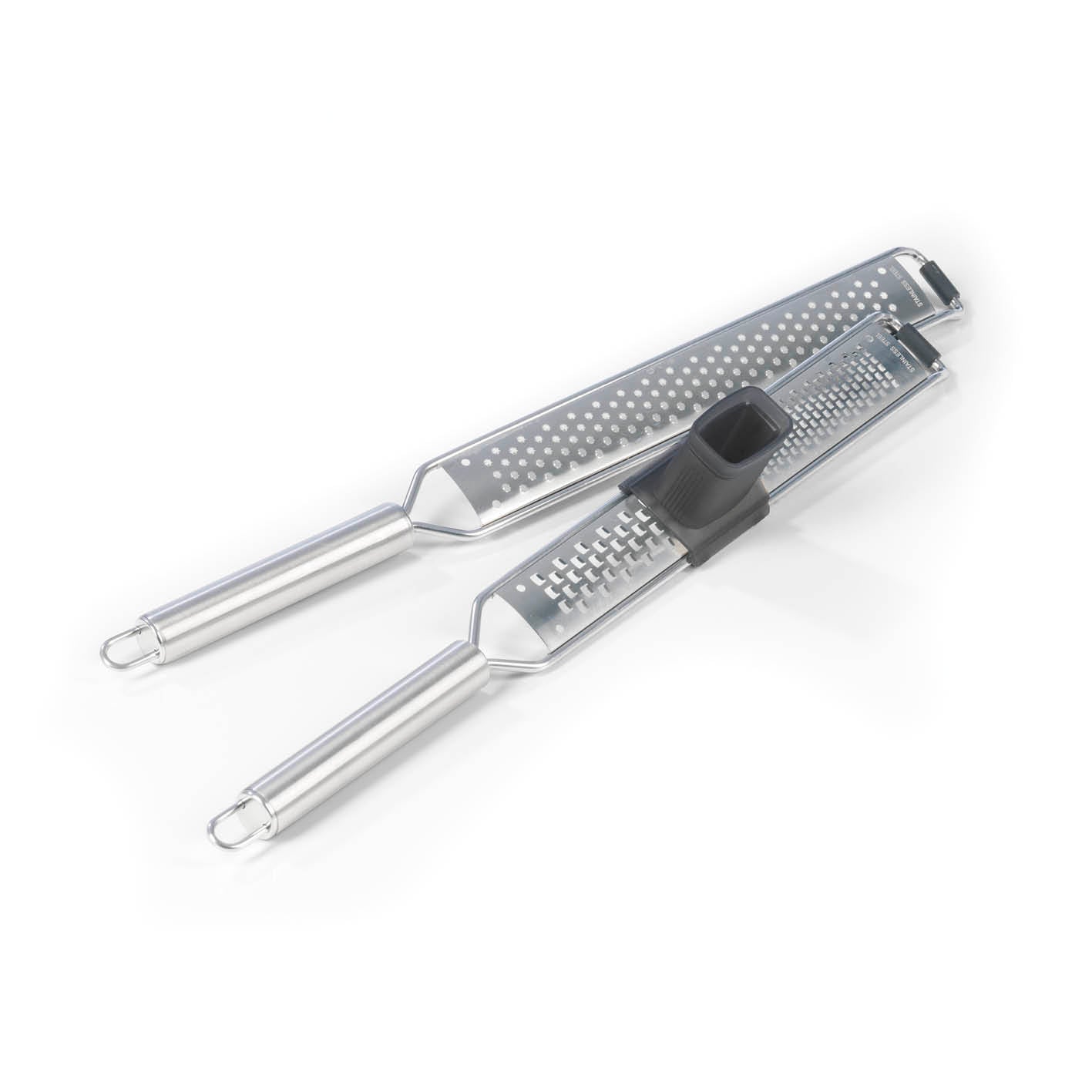 Zester Reibe - 2er-Set mit unterschiedlichen Reibeflächen aus Edelstahl, inkl. Fingerschutz und Schutzhülle für sichere Anwendung.