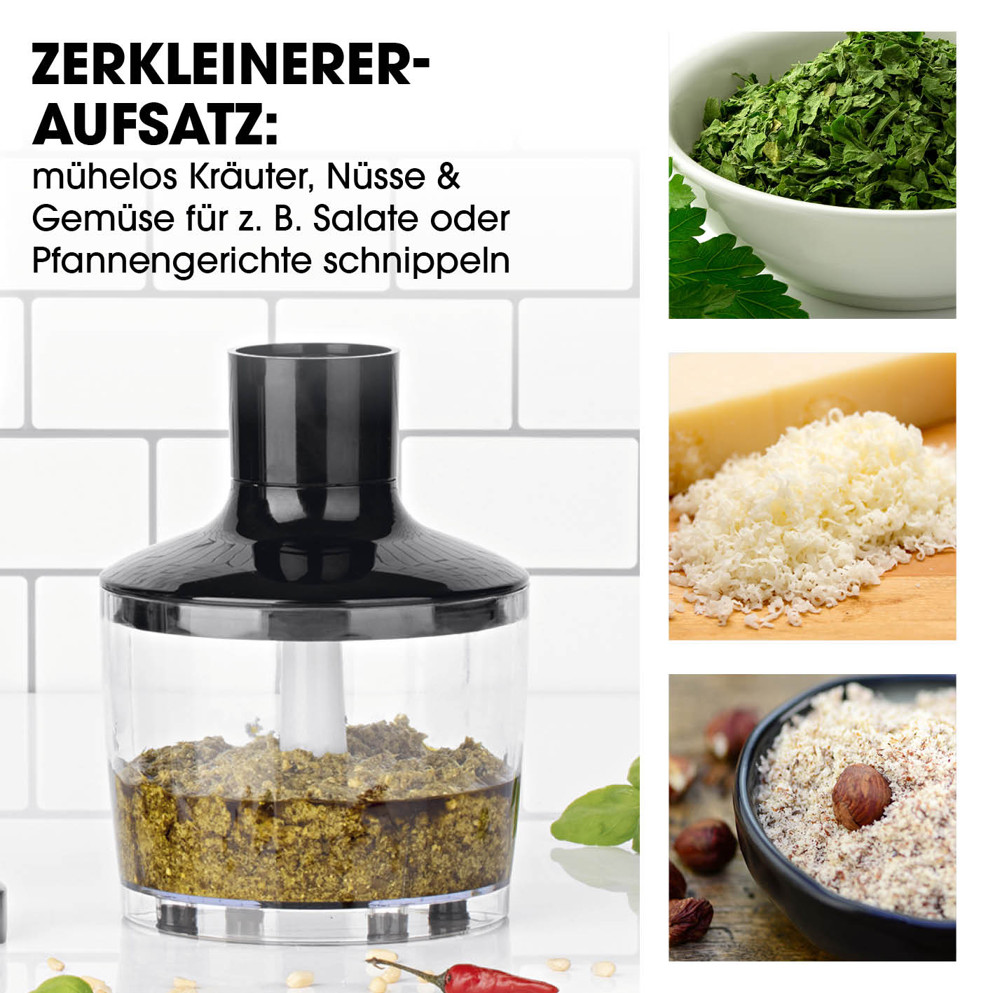 Akku-Stabmixer mit XL-Zubehör-Set Zerkleinereraufsatz zum mühelosen Zerkleinern von Kräutern, Nüssen und Gemüse.