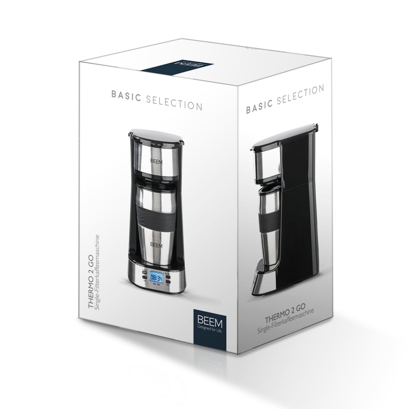 Single-Kaffeemaschine Thermo2Go - 750 Watt - Edelstahl/schwarz mit Timer, beleuchtetem LC-Display und To-go-Thermobecher.