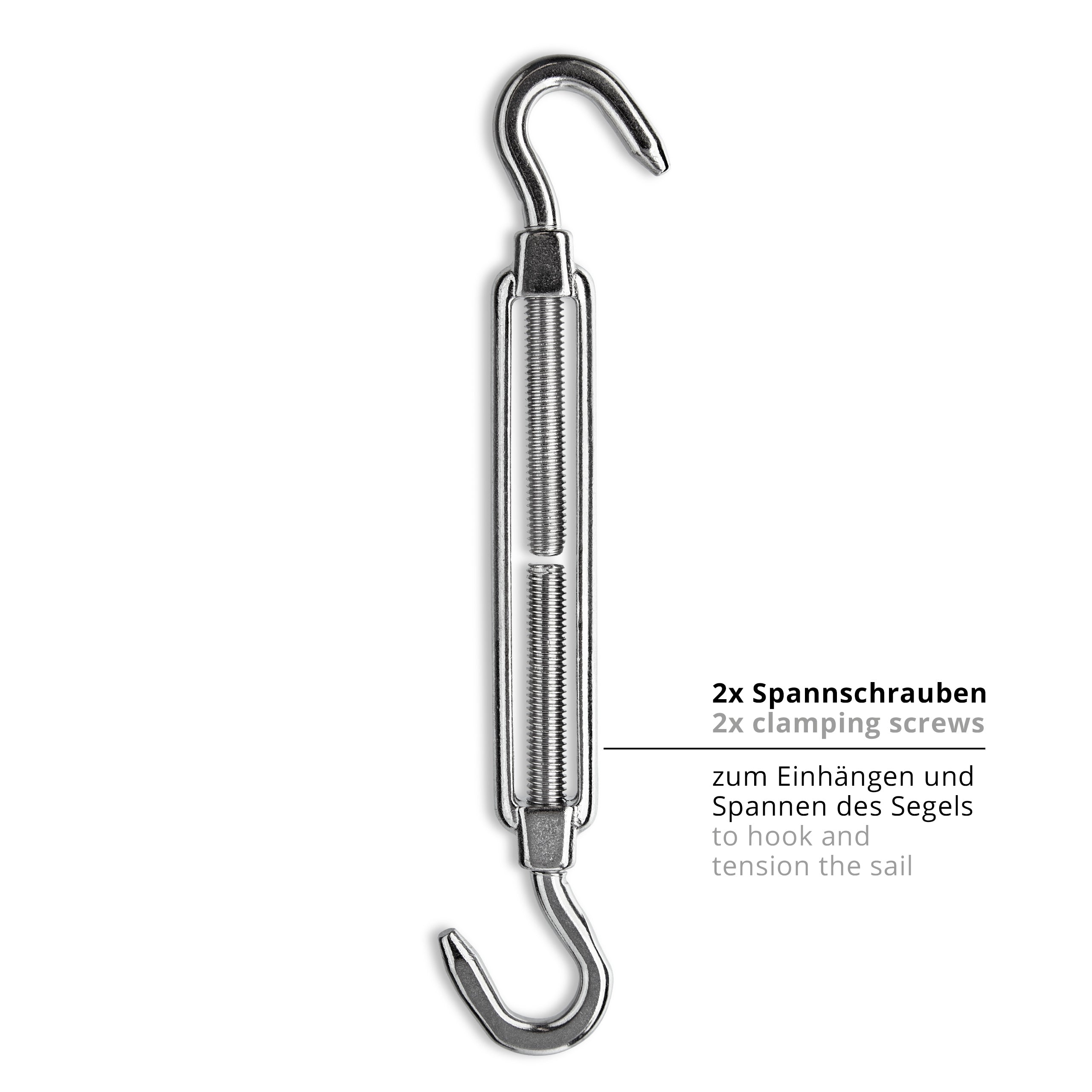Befestigungsset - Fixierungsset für Sonnensegel mit rostfreiem Edelstahl Spannschrauben zum Spannen und Einhängen des Segels.