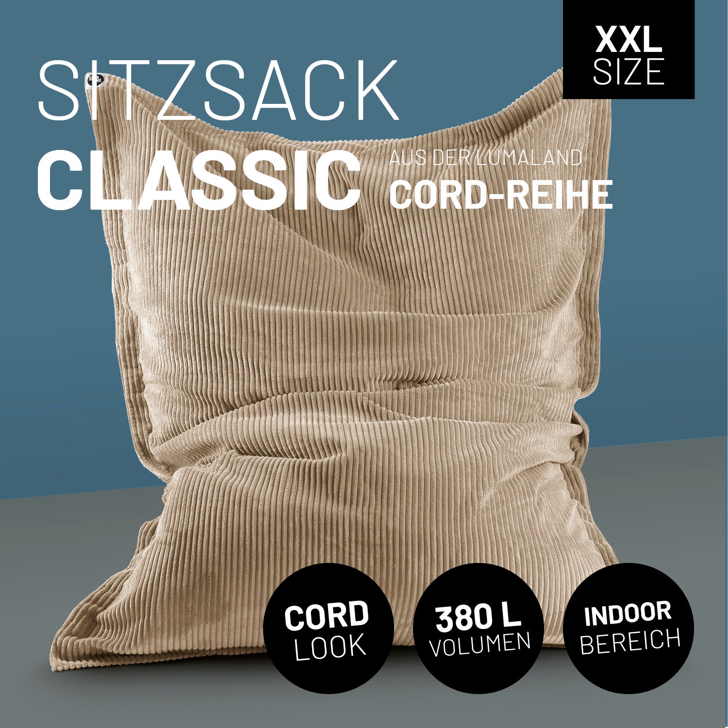 Sitzsack Classic XXL aus der LUMALAND Cord-Reihe 380 L 140 x 180 cm Beige mit robustem Cord-Bezug und komfortabler Polsterung für Indoor-Bereich.